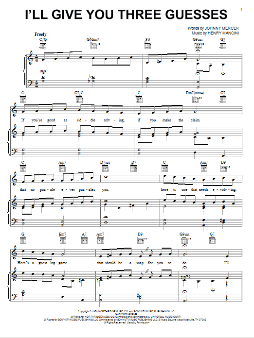 Henry Mancini I'll Give You Three Guesses sheet music notes and chords arranged for Piano, Vocal & Guitar Chords (Right-Hand Melody)