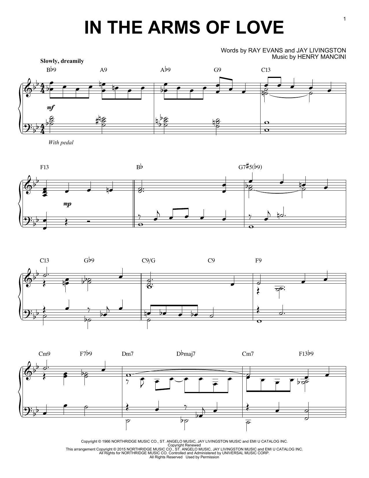 Henry Mancini In The Arms Of Love [Jazz version] (arr. Brent Edstrom) sheet music notes and chords arranged for Piano Solo