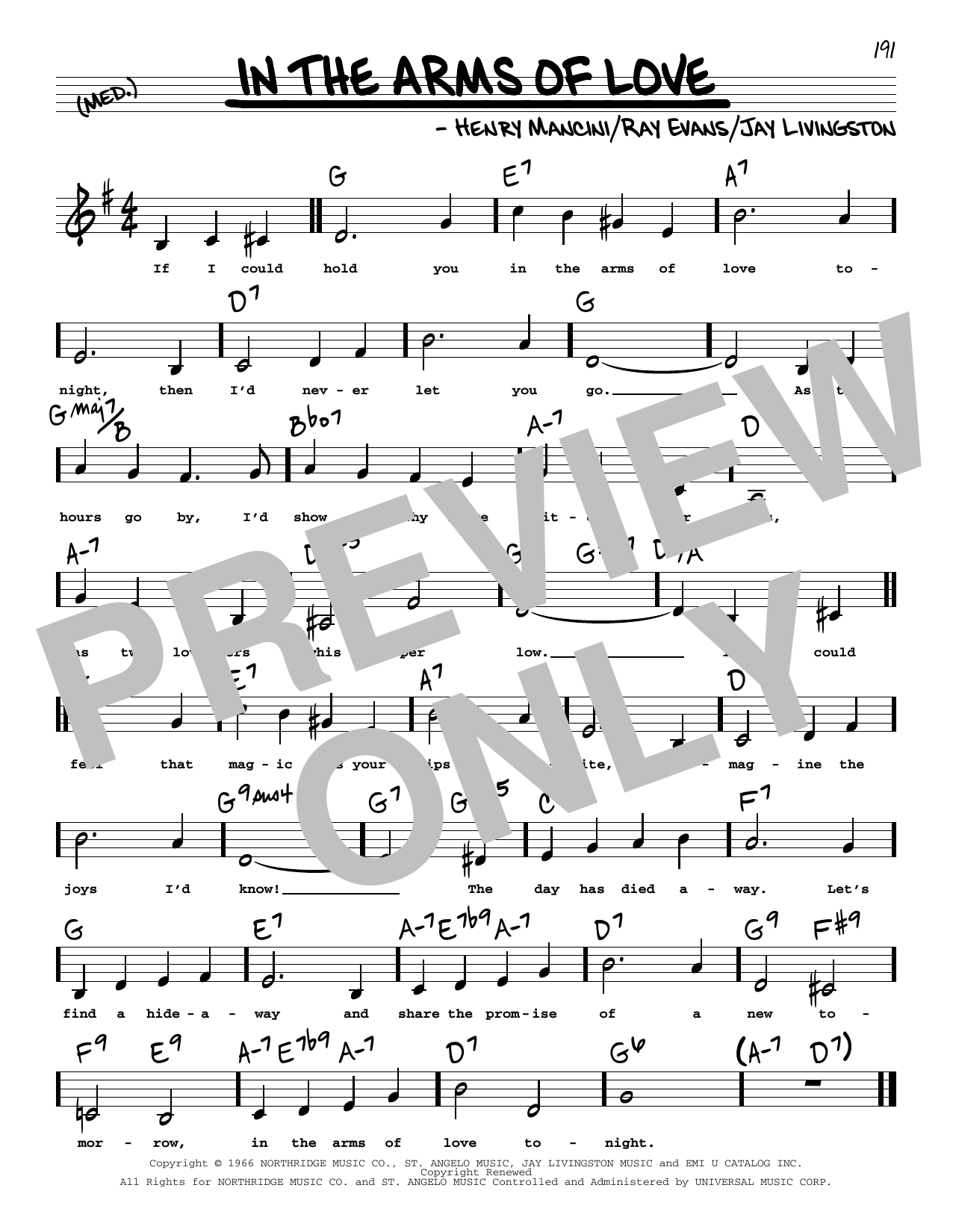 Henry Mancini In The Arms Of Love (Low Voice) sheet music notes and chords arranged for Real Book – Melody, Lyrics & Chords
