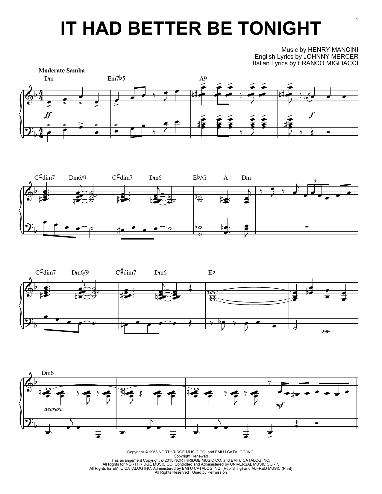Henry Mancini It Had Better Be Tonight [Jazz version] (arr. Brent Edstrom) sheet music notes and chords arranged for Piano Solo