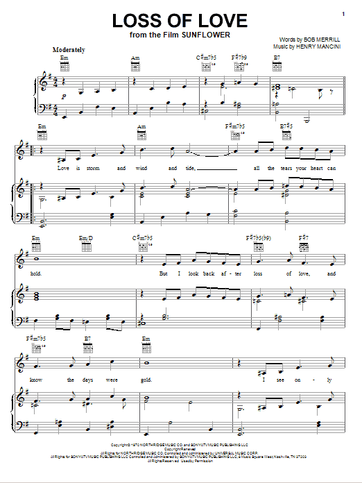 Henry Mancini Loss Of Love sheet music notes and chords arranged for Piano, Vocal & Guitar Chords (Right-Hand Melody)