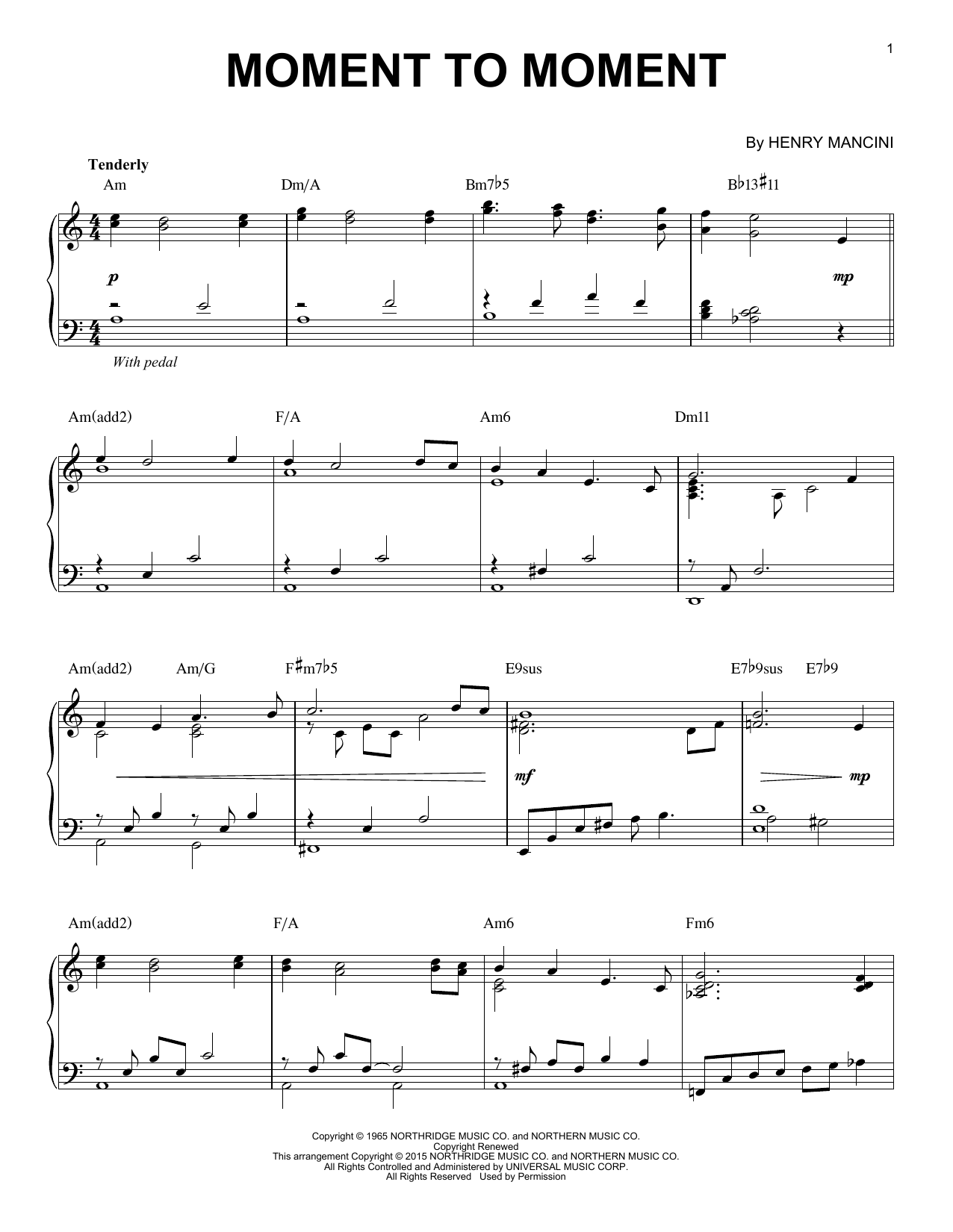 Henry Mancini Moment To Moment [Jazz version] (arr. Brent Edstrom) sheet music notes and chords arranged for Piano Solo