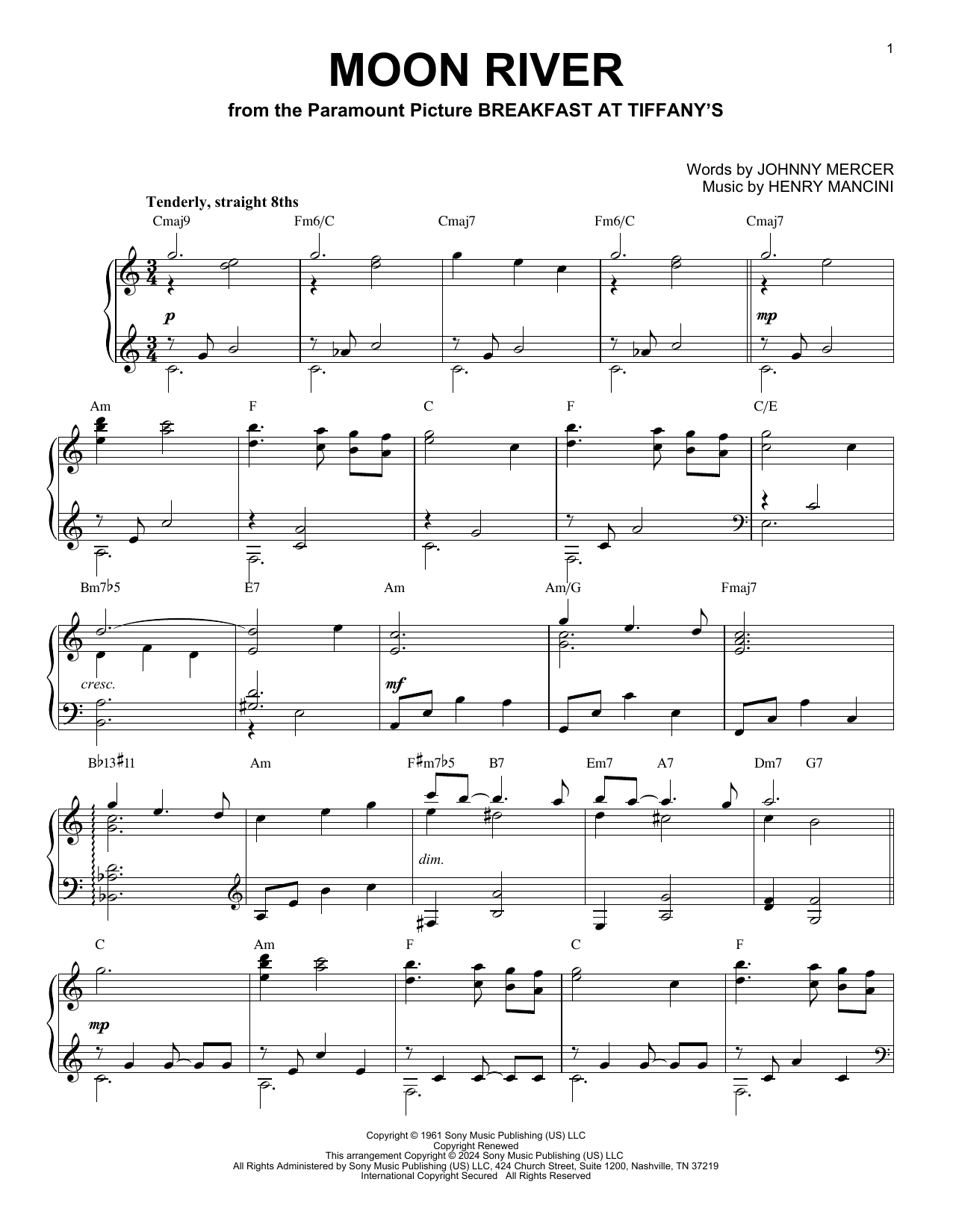Henry Mancini Moon River (arr. Brent Edstrom) sheet music notes and chords arranged for Piano Solo