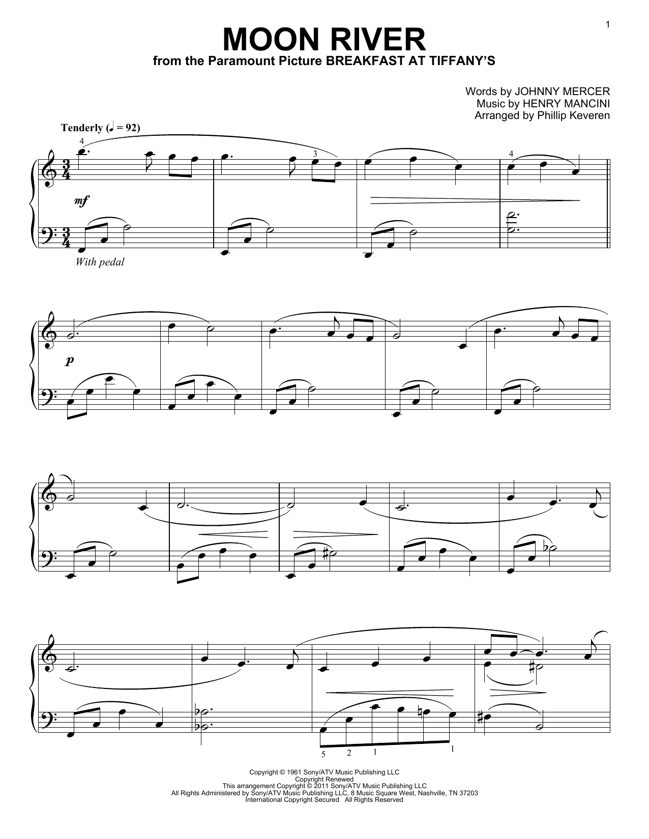 Henry Mancini Moon River (arr. Phillip Keveren) sheet music notes and chords arranged for Piano Solo