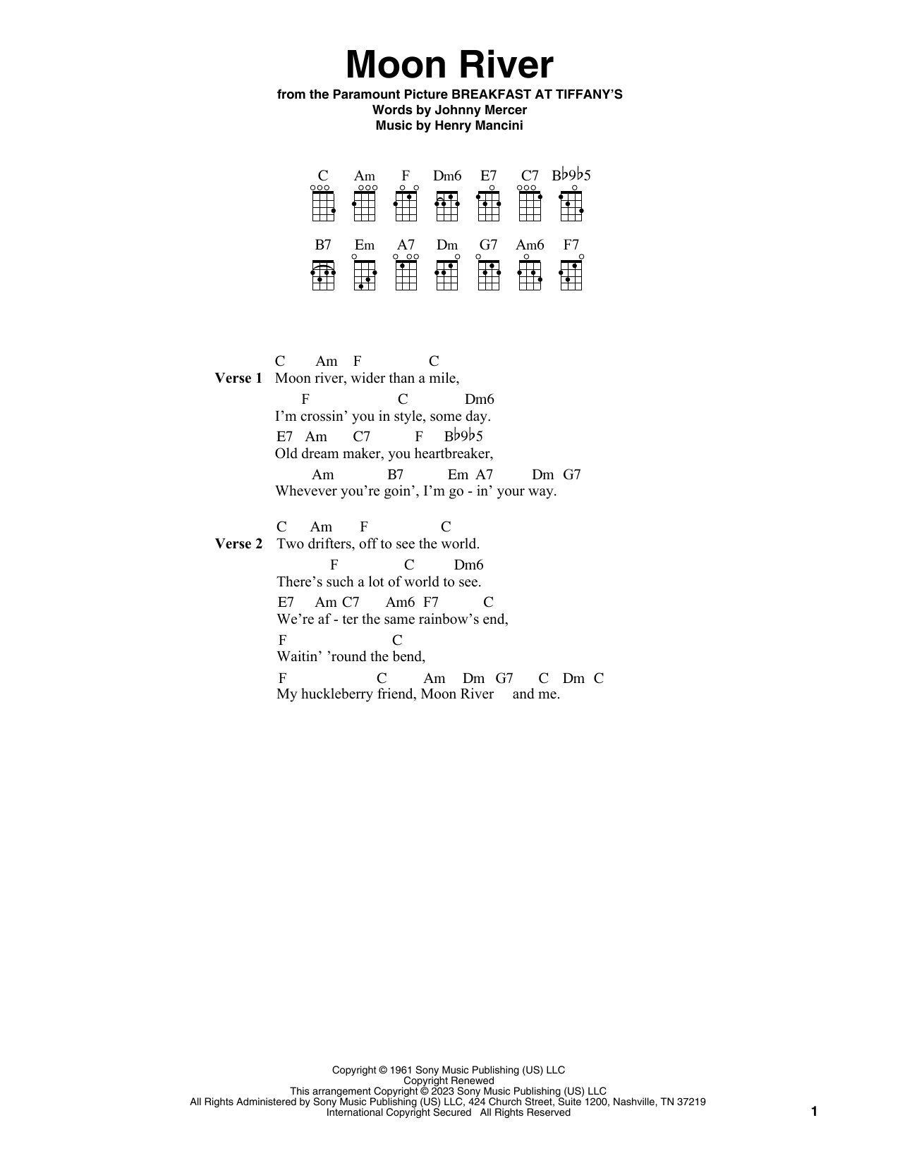Henry Mancini Moon River (from Breakfast At Tiffany's) sheet music notes and chords arranged for Easy Ukulele Tab