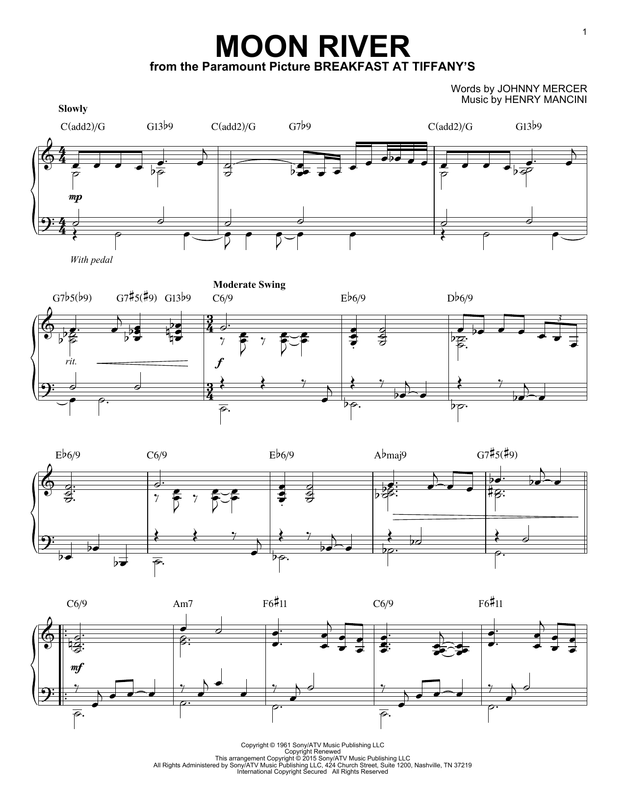 Henry Mancini Moon River [Jazz version] (arr. Brent Edstrom) sheet music notes and chords arranged for Piano Solo