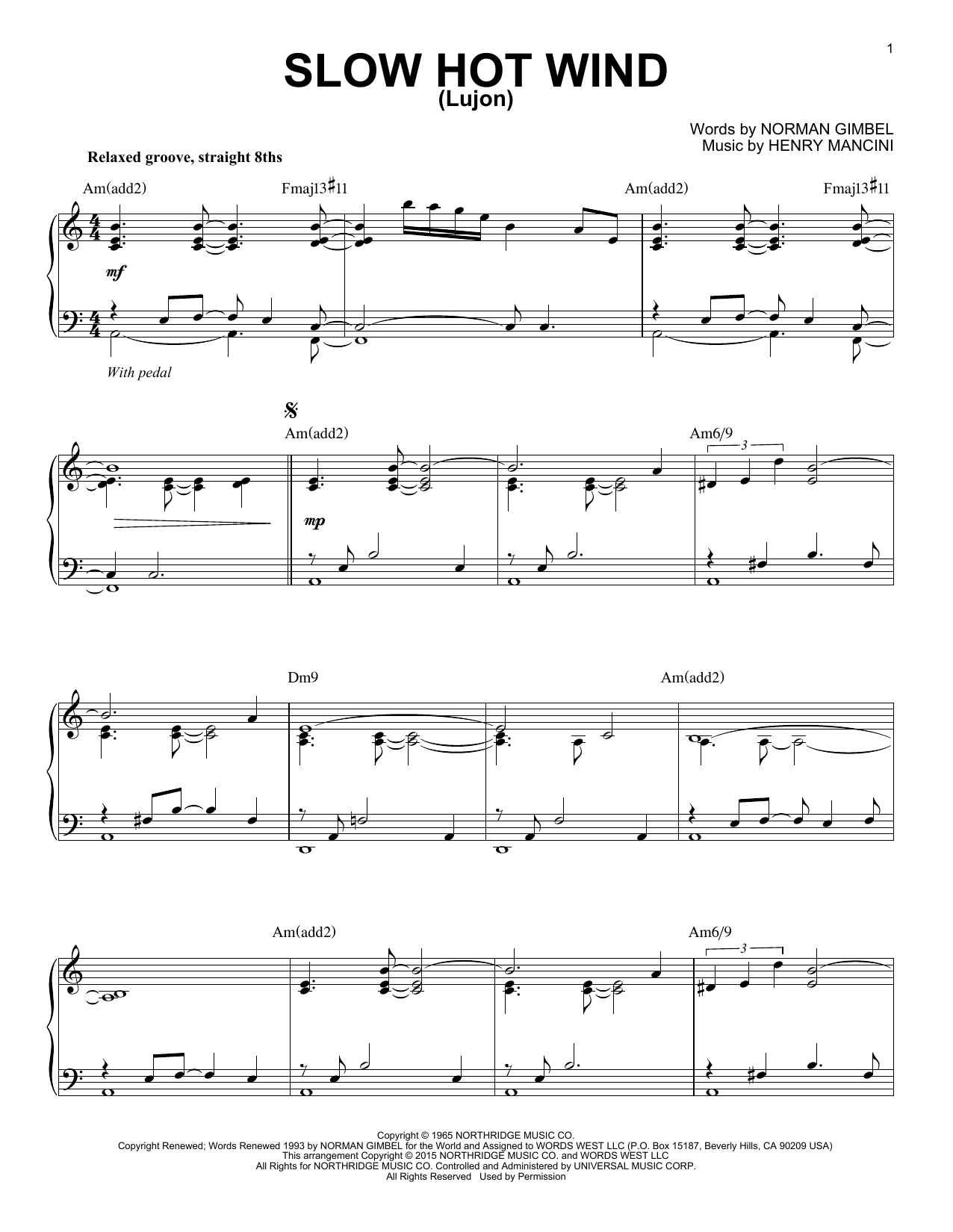 Henry Mancini Slow Hot Wind (Lujon) [Jazz version] (arr. Brent Edstrom) sheet music notes and chords arranged for Piano Solo