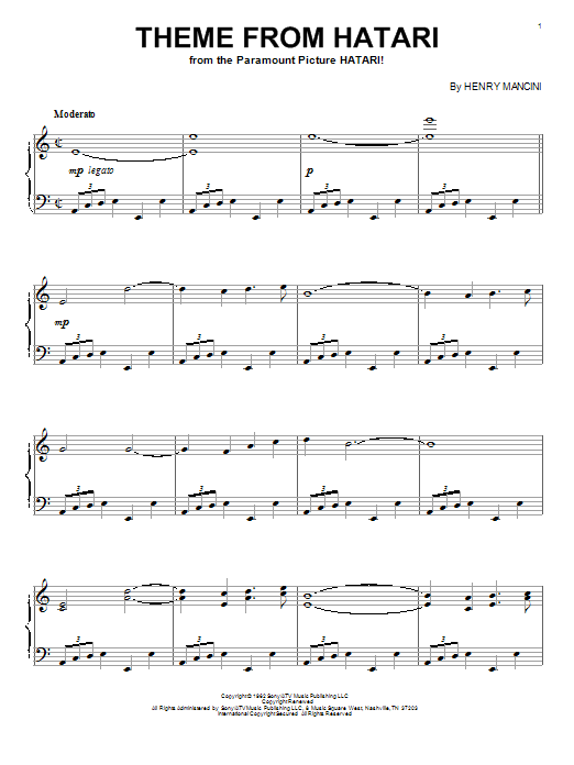 Henry Mancini Theme From Hatari sheet music notes and chords arranged for Piano Solo