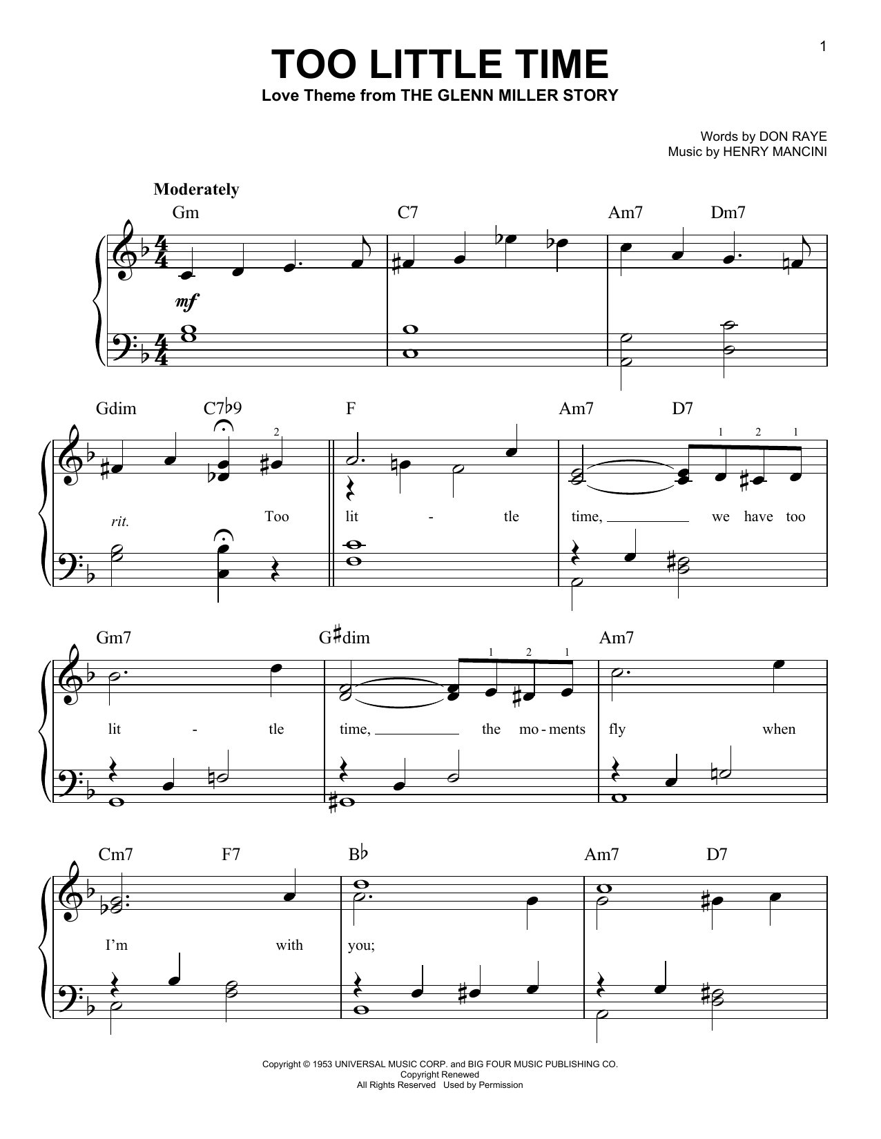 Henry Mancini Too Little Time sheet music notes and chords arranged for Very Easy Piano
