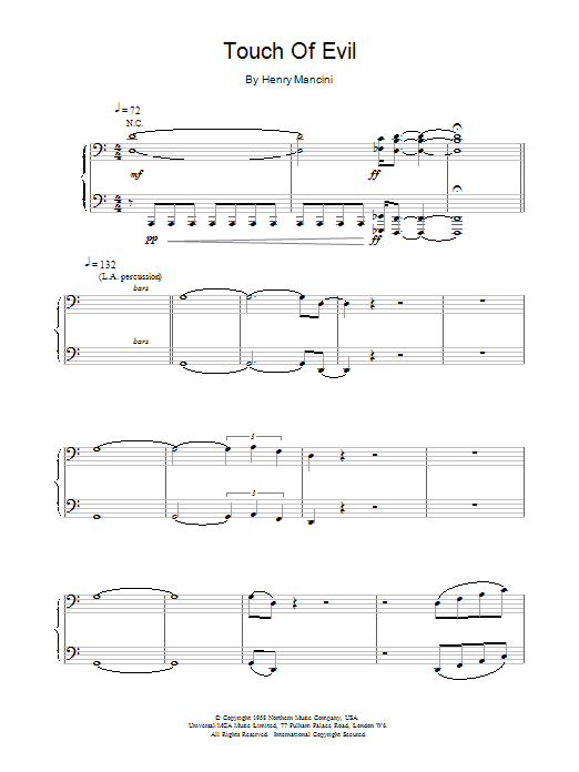 Henry Mancini Touch of Evil sheet music notes and chords arranged for Piano Solo