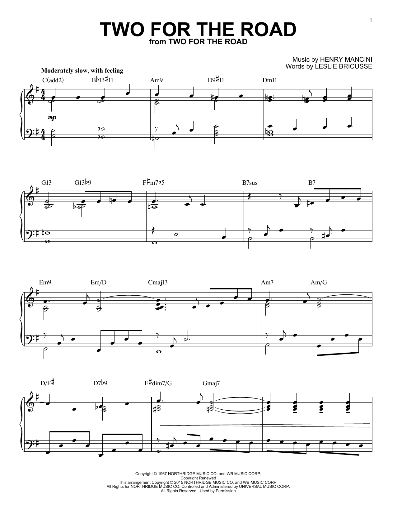 Henry Mancini Two For The Road [Jazz version] (arr. Brent Edstrom) sheet music notes and chords arranged for Piano Solo