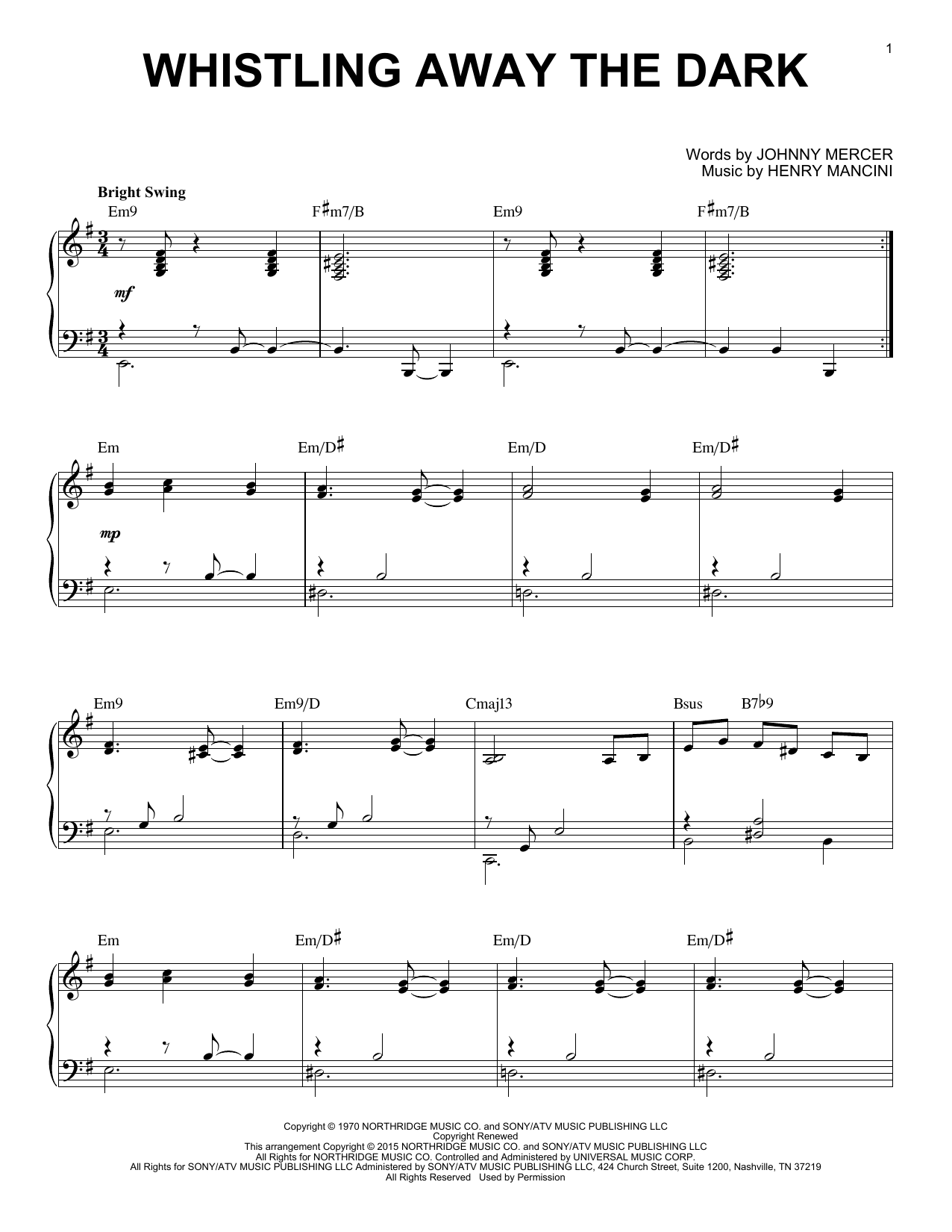 Henry Mancini Whistling Away The Dark [Jazz version] (arr. Brent Edstrom) sheet music notes and chords arranged for Piano Solo