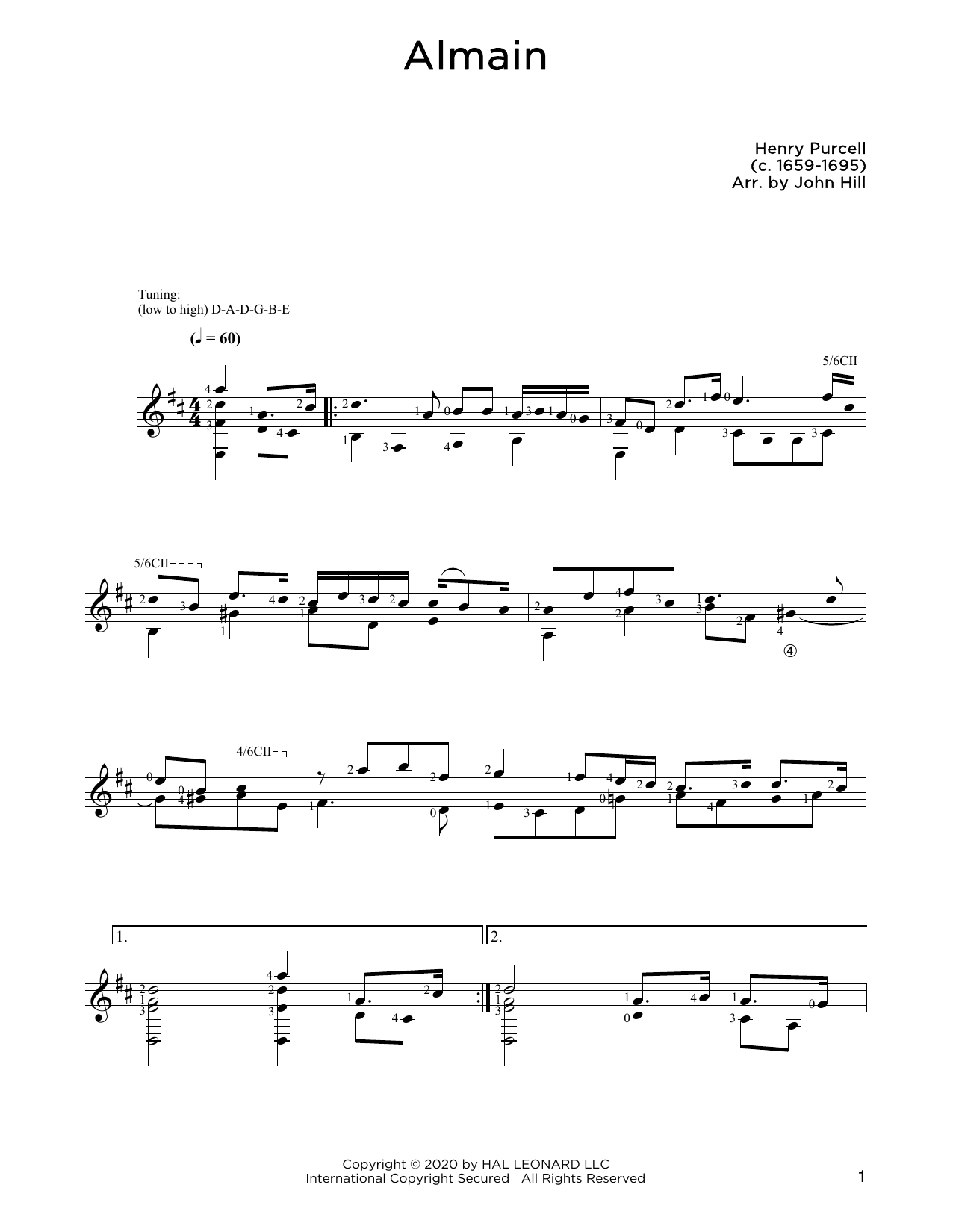 Henry Purcell Almain sheet music notes and chords arranged for Solo Guitar