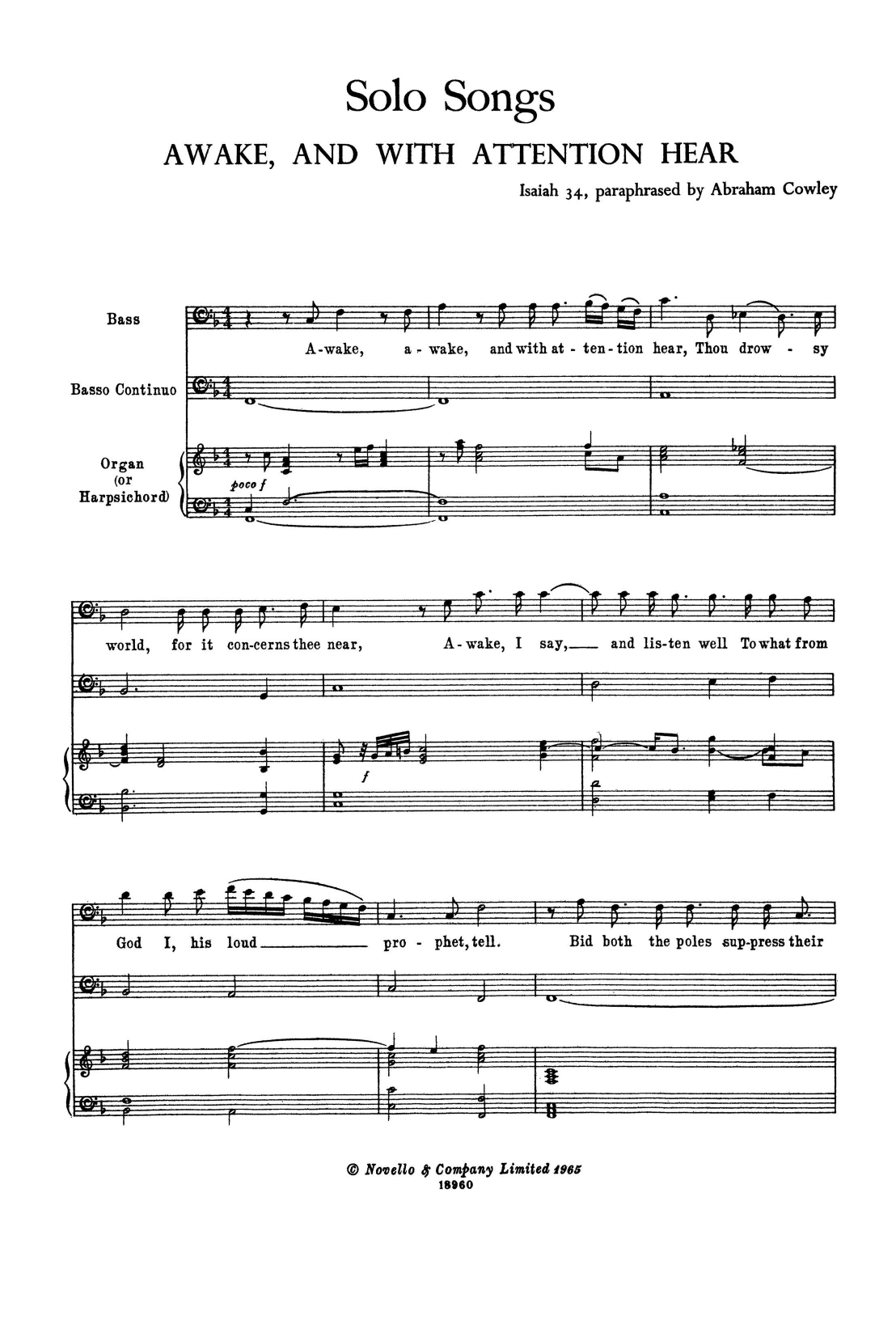 Henry Purcell Awake, and with Attention Hear (for Voice, Bass Continuo and Harpsichord) sheet music notes and chords arranged for Piano & Vocal