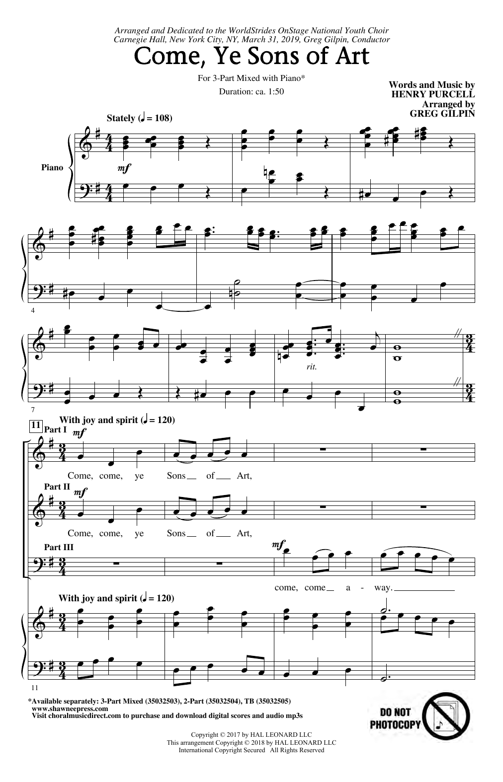 Henry Purcell Come, Ye Sons Of Art (arr. Greg Gilpin) sheet music notes and chords arranged for 3-Part Mixed Choir