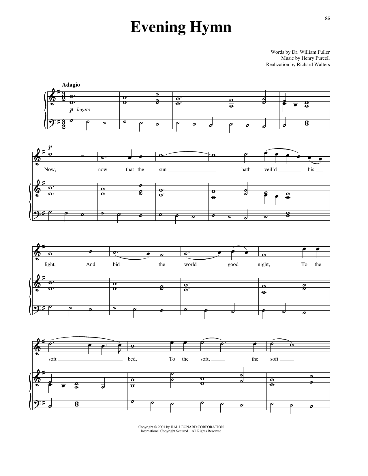 Henry Purcell Evening Hymn (High Voice) sheet music notes and chords arranged for Piano & Vocal