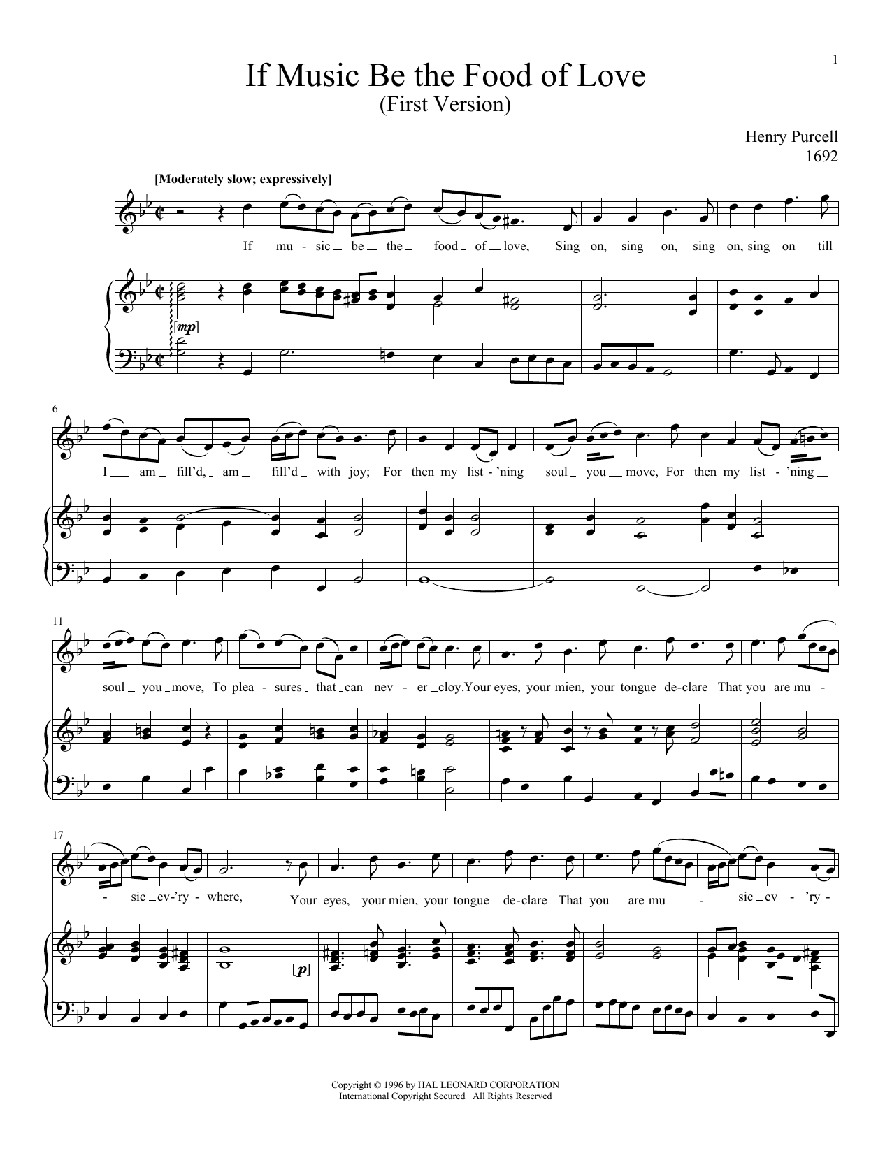 Henry Purcell If Music Be The Food Of Love sheet music notes and chords arranged for Piano & Vocal