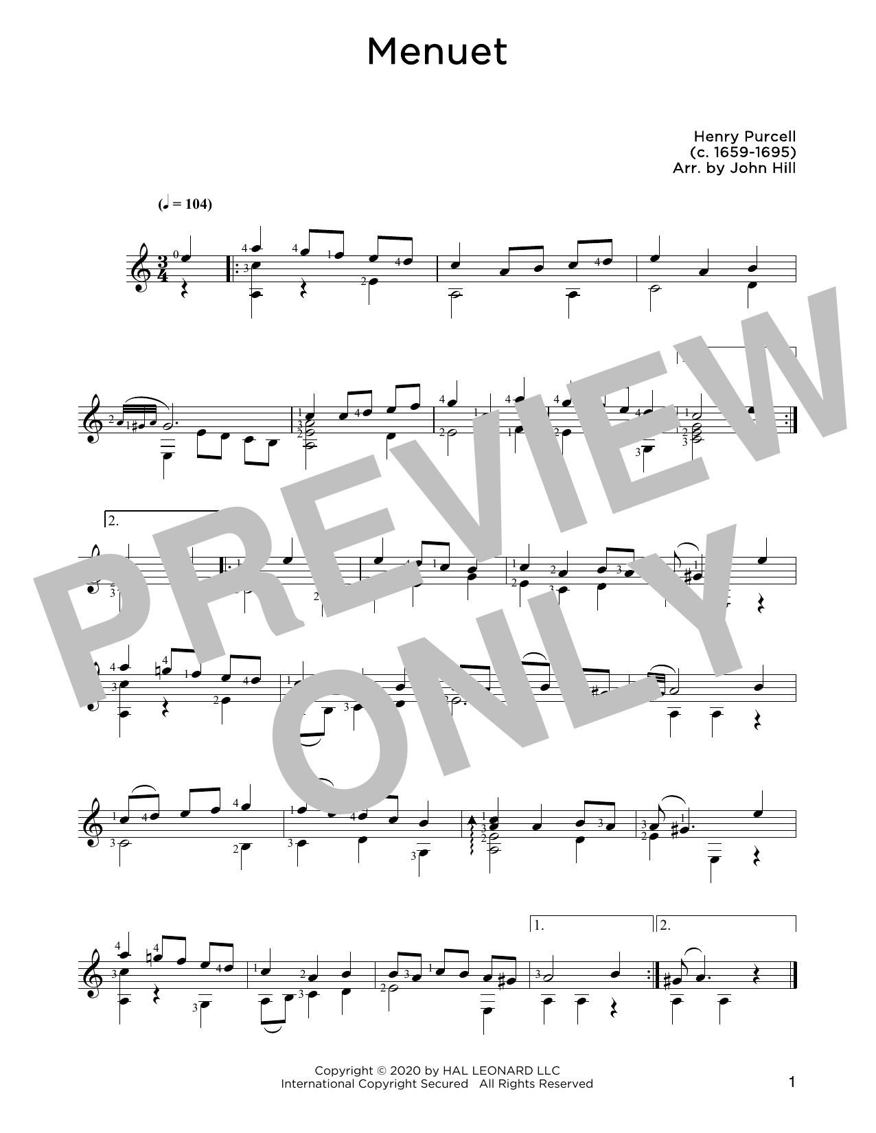 Henry Purcell Menuet sheet music notes and chords arranged for Solo Guitar
