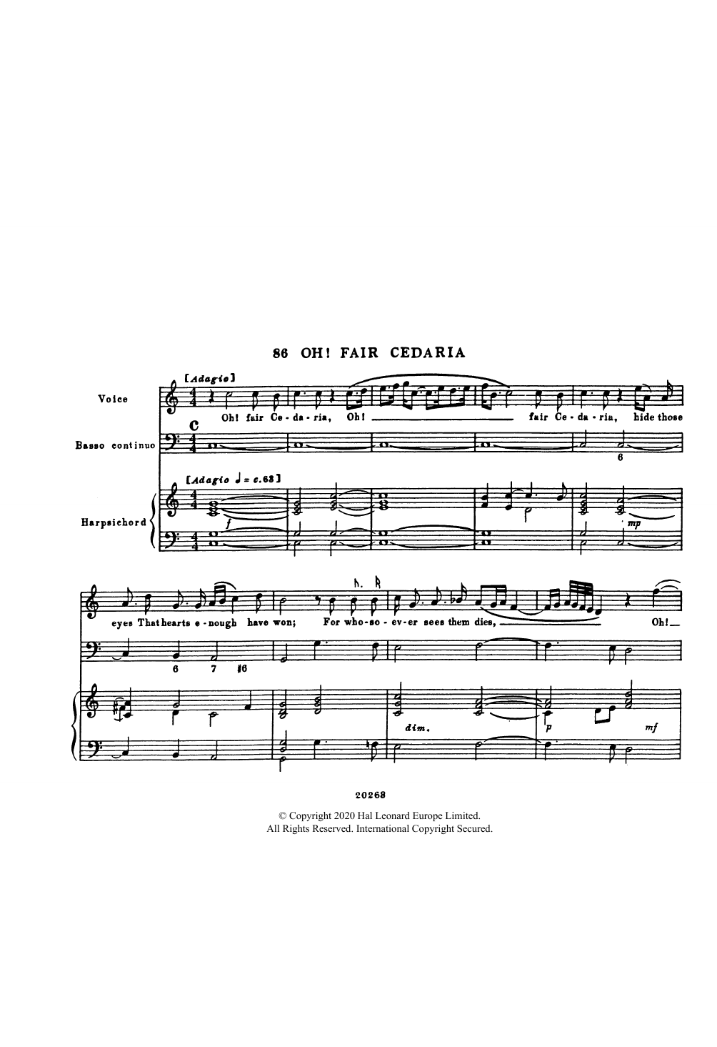 Henry Purcell Oh! Fair Cedaria (for Voice, Bass Continuo and Harpsichord) sheet music notes and chords arranged for Piano & Vocal