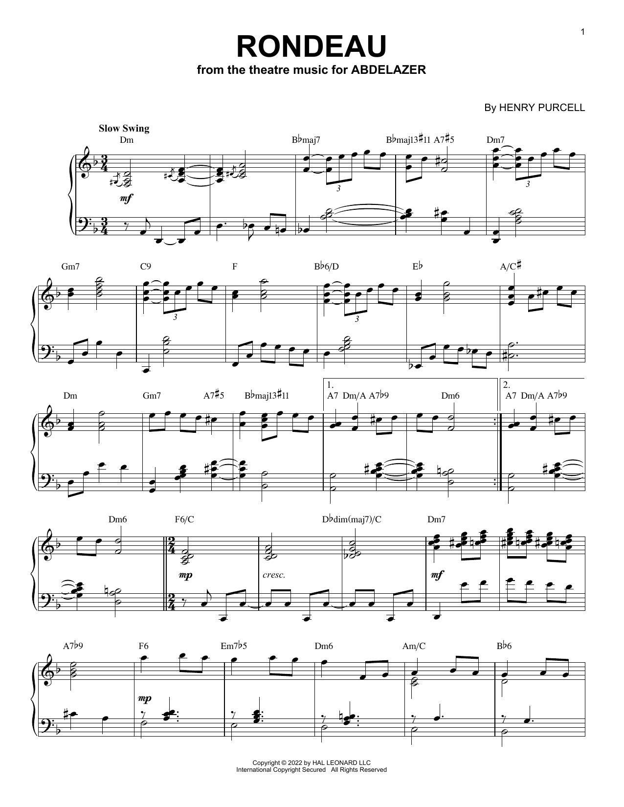 Henry Purcell Rondeau [Jazz version] (arr. Brent Edstrom) sheet music notes and chords arranged for Piano Solo