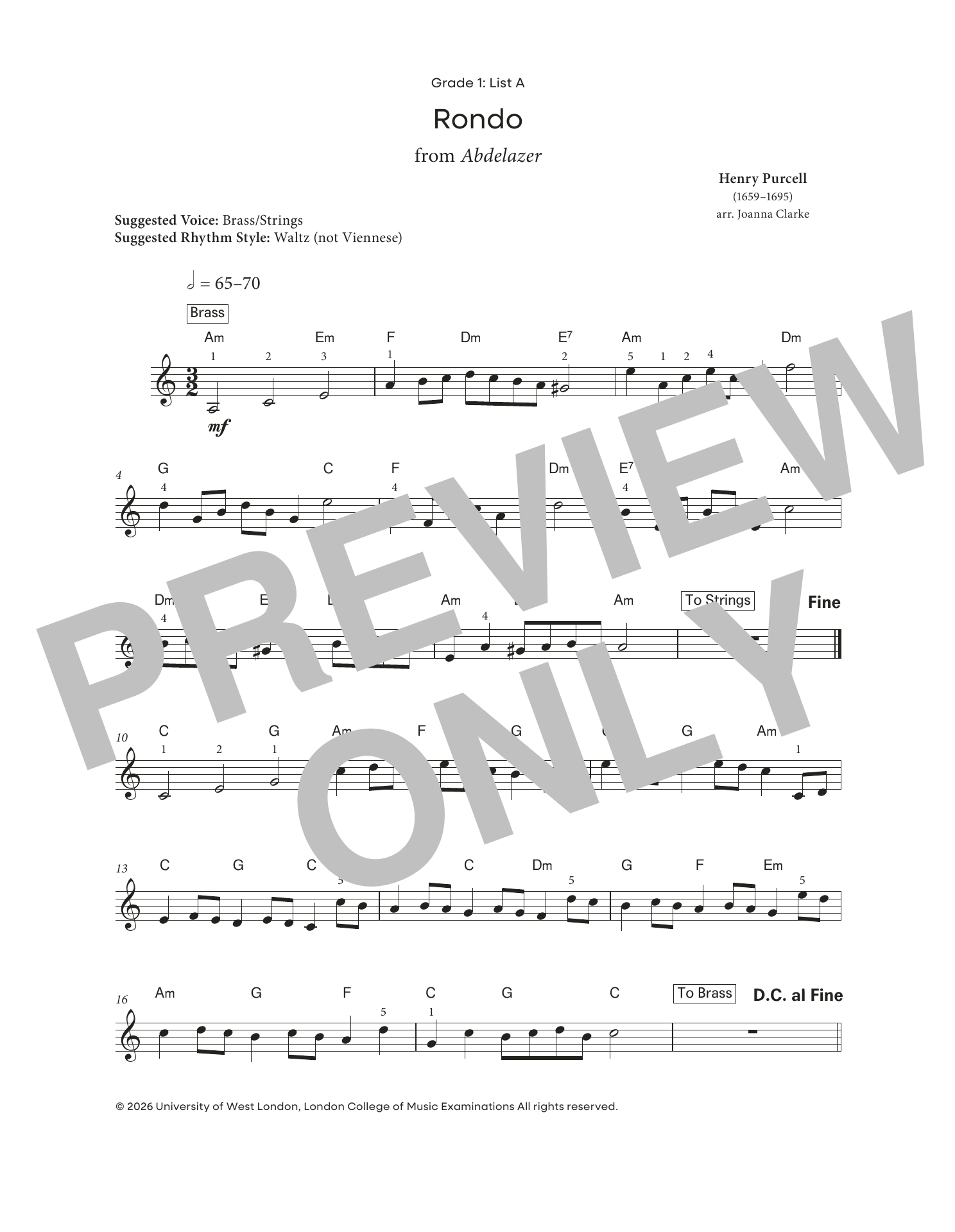 Henry Purcell Rondo from Abdelazer (from LCME Electronic Keyboard Grade 1 List A) sheet music notes and chords arranged for Piano Solo