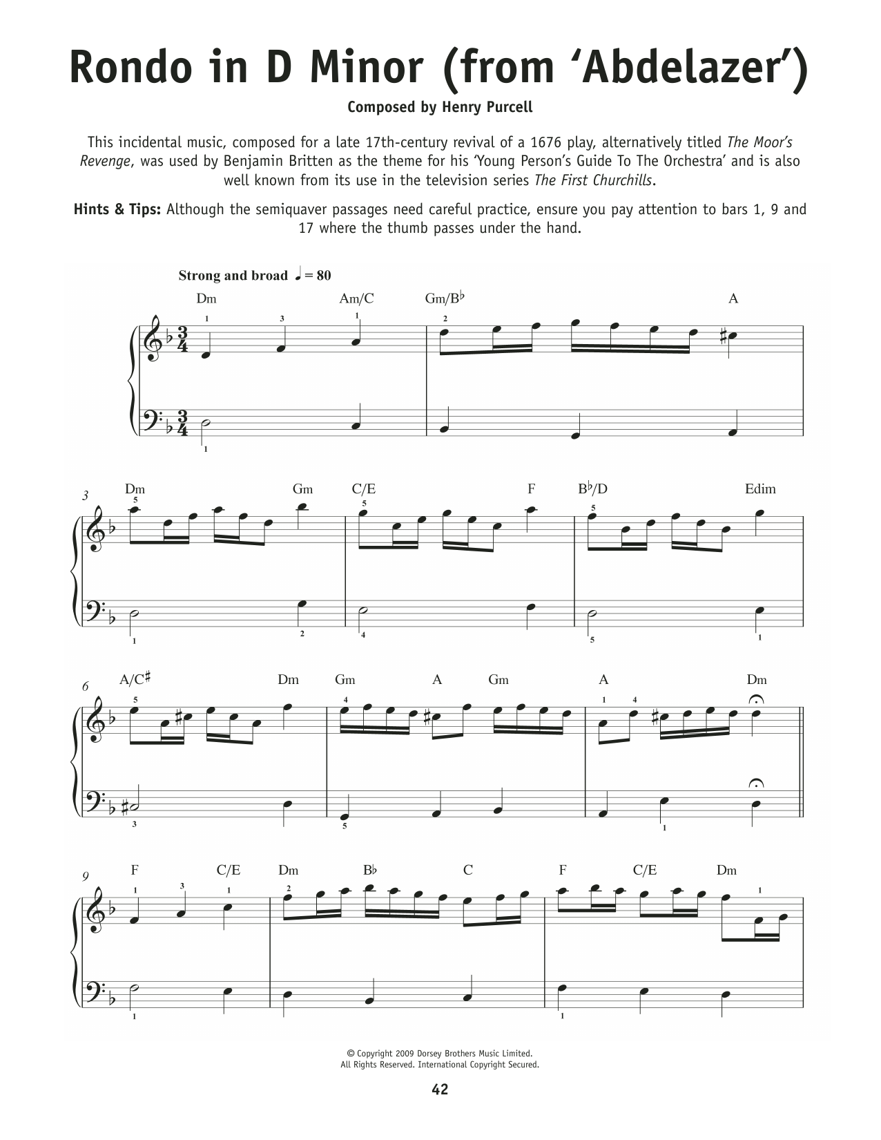 Henry Purcell Rondo From Abdelazer sheet music notes and chords arranged for Really Easy Piano