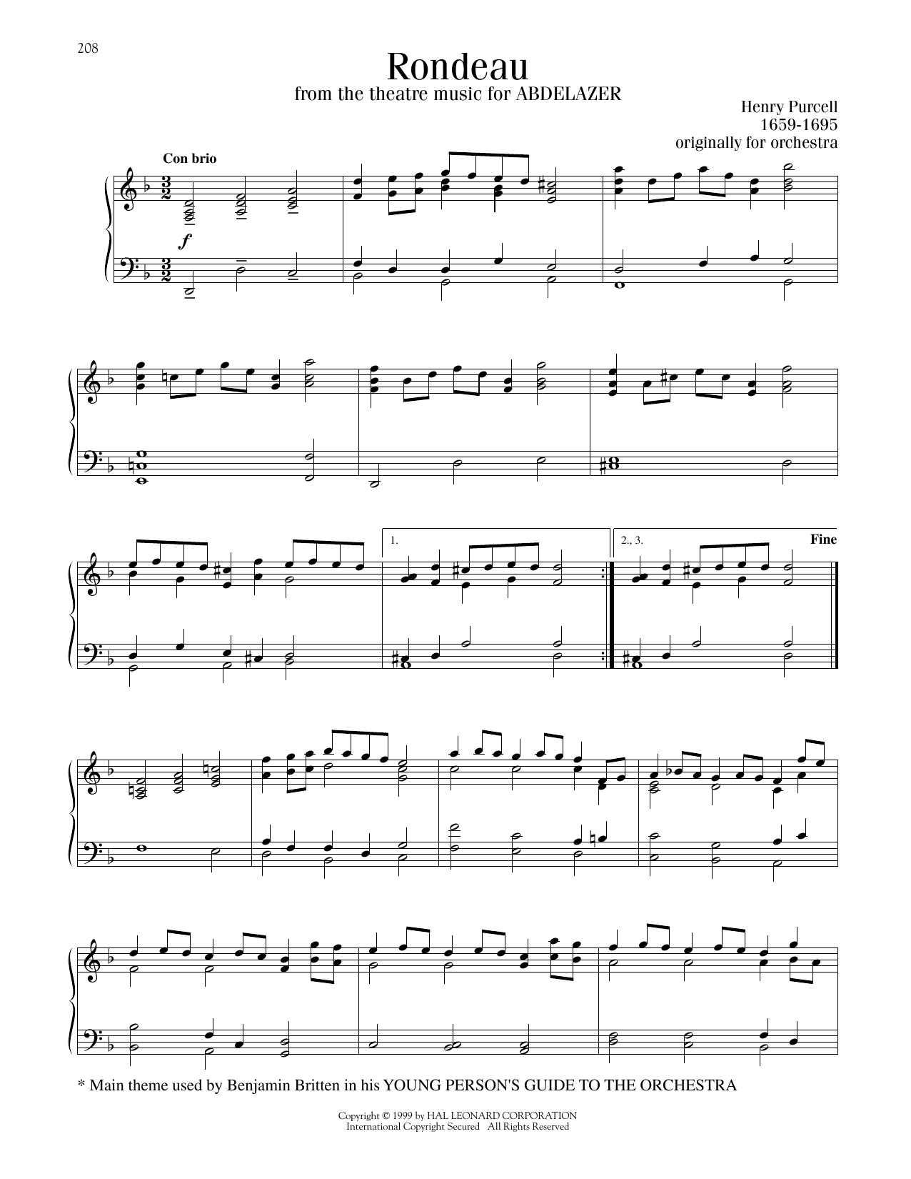 Henry Purcell Rondo (Rondeau) sheet music notes and chords arranged for Piano Solo