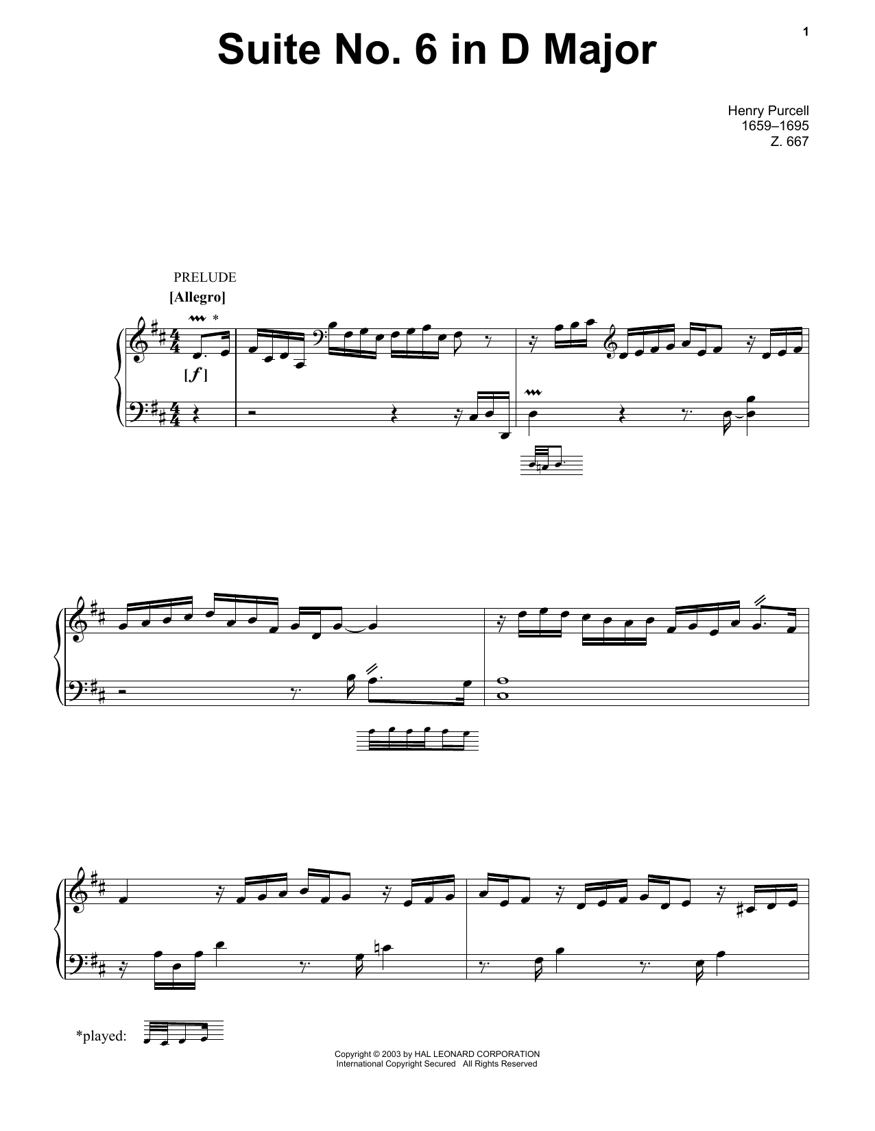 Henry Purcell Suite No. 6 In D Major sheet music notes and chords arranged for Piano Solo