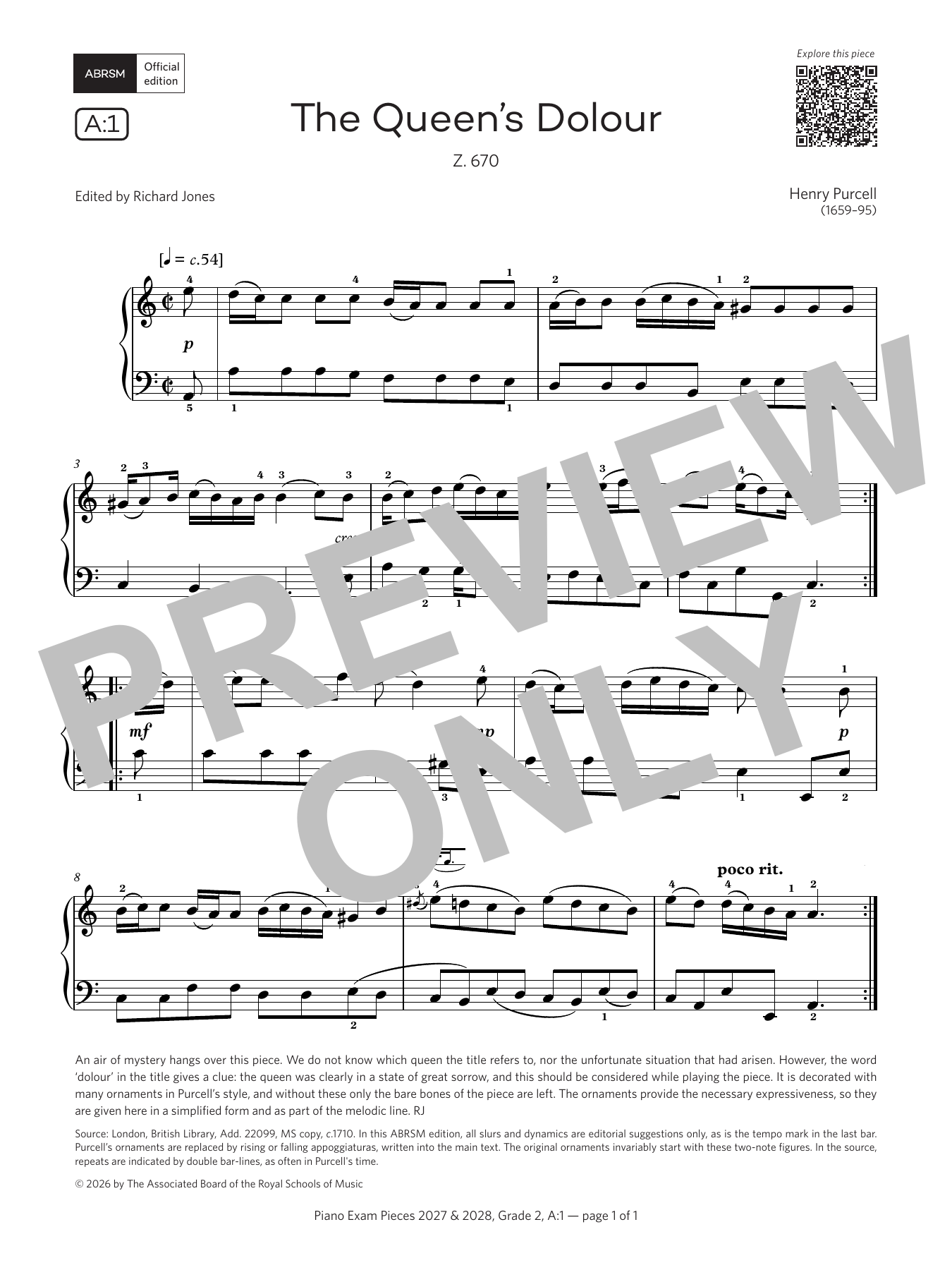 Henry Purcell The Queen's Dolour, (Grade 2, list A1, from the ABRSM Piano Syllabus 2027 & 2028) sheet music notes and chords arranged for Piano Solo
