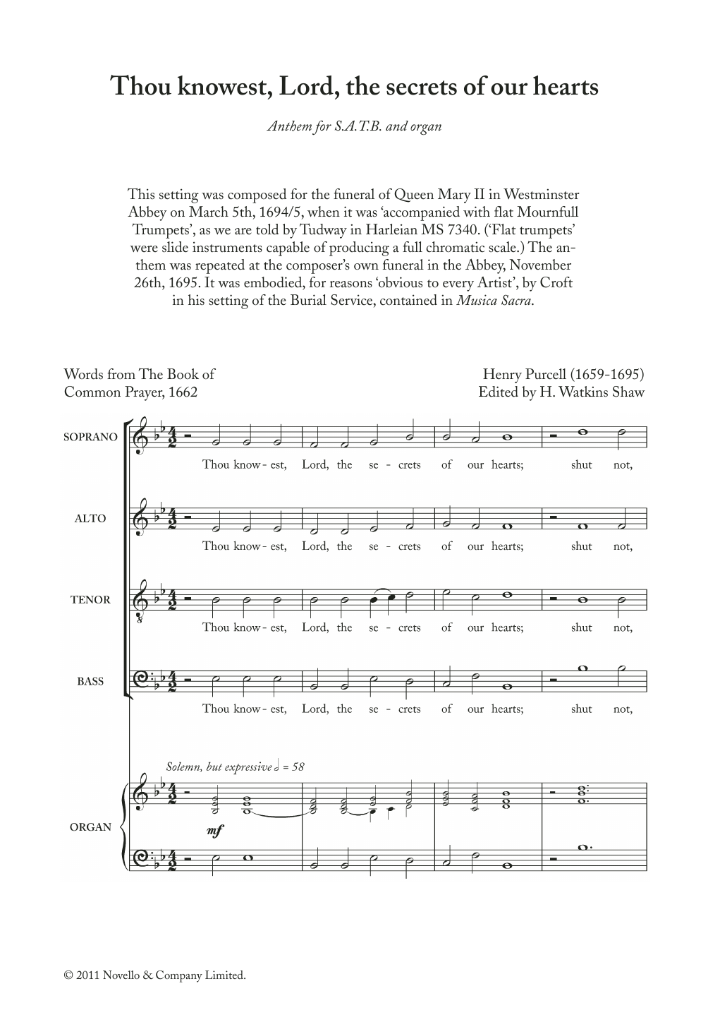 Henry Purcell Thou Knowest, Lord, The Secrets Of Our Hearts sheet music notes and chords arranged for Choir