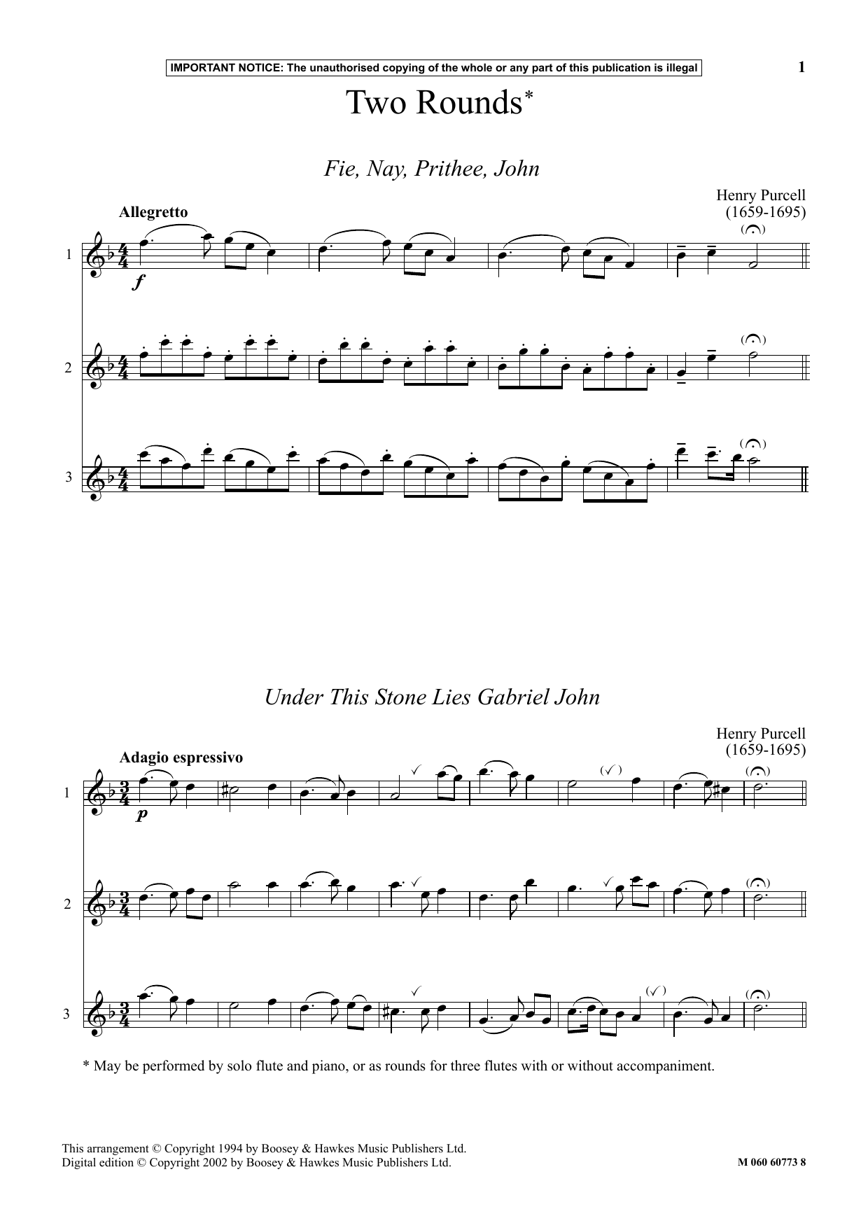Henry Purcell Two Rounds sheet music notes and chords arranged for Instrumental Solo