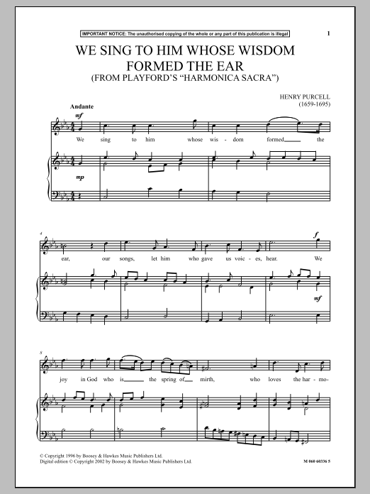 Henry Purcell We Sing To Him Whose Wisdom Formed The Ear (From Playford's Harmonica Sacra) sheet music notes and chords arranged for Piano & Vocal