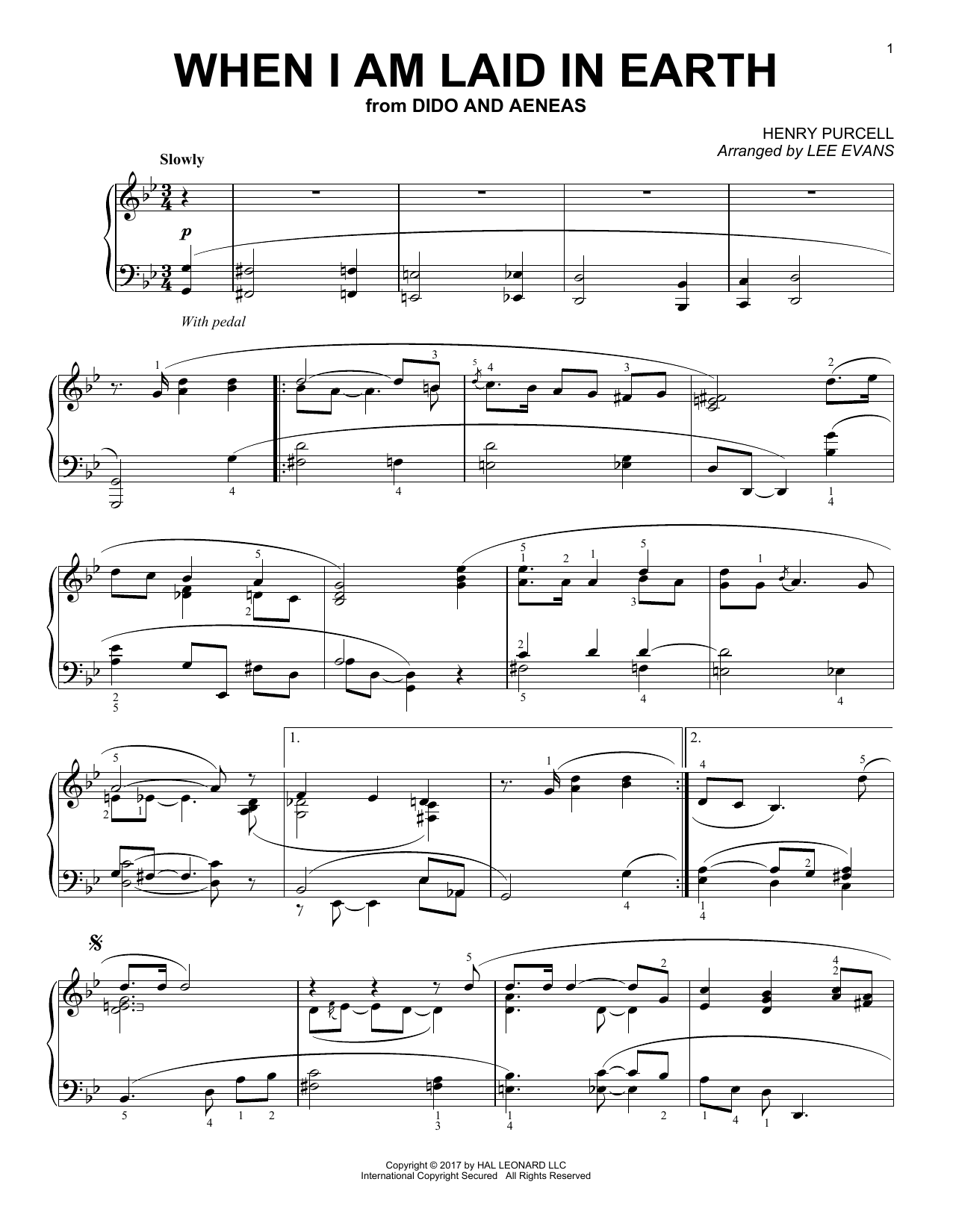 Henry Purcell When I Am Laid In Earth (arr. Lee Evans) sheet music notes and chords arranged for Piano Solo