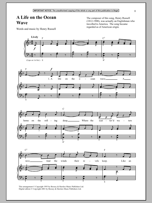 Henry Russell A Life On The Ocean Wave sheet music notes and chords arranged for Piano & Vocal