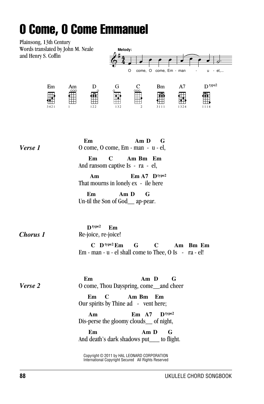Henry S. Coffin O Come, O Come Immanuel sheet music notes and chords arranged for Ukulele Chords/Lyrics