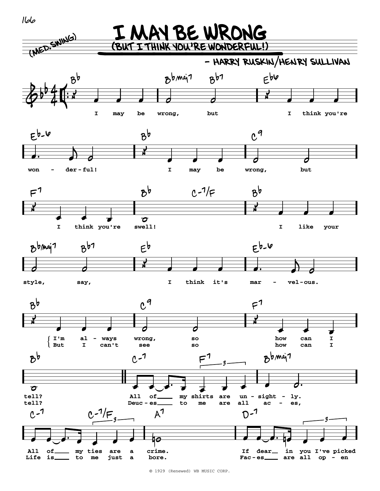 Henry Sullivan I May Be Wrong (But I Think You're Wonderful!) (Low Voice) sheet music notes and chords arranged for Real Book – Melody, Lyrics & Chords
