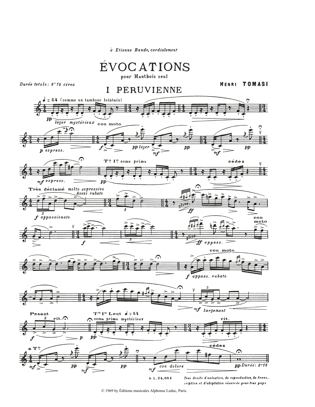 Henry Tomasi Evocations sheet music notes and chords arranged for Oboe Solo
