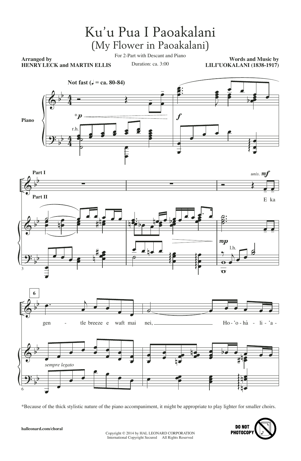Henry Leck Ku'u Pua I Paoakalani sheet music notes and chords arranged for 2-Part Choir