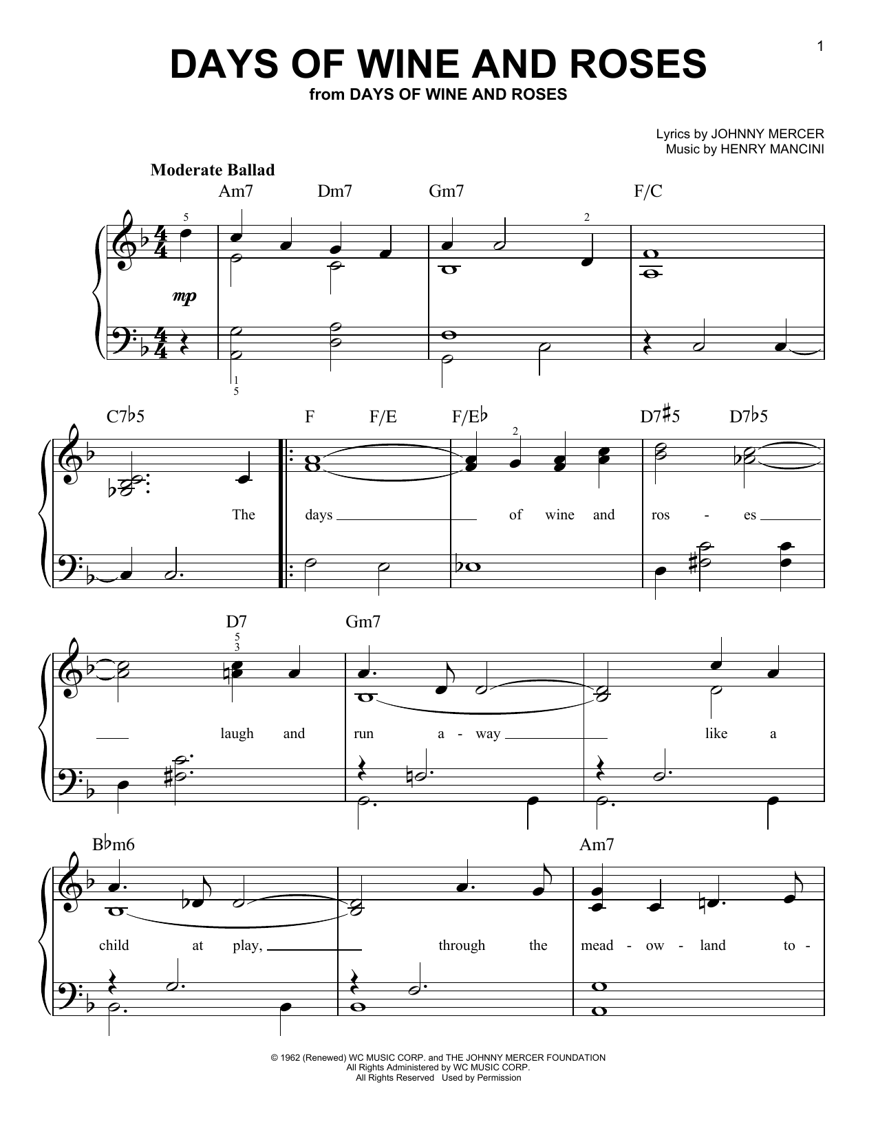 Henry Mancini Days Of Wine And Roses sheet music notes and chords arranged for Ukulele