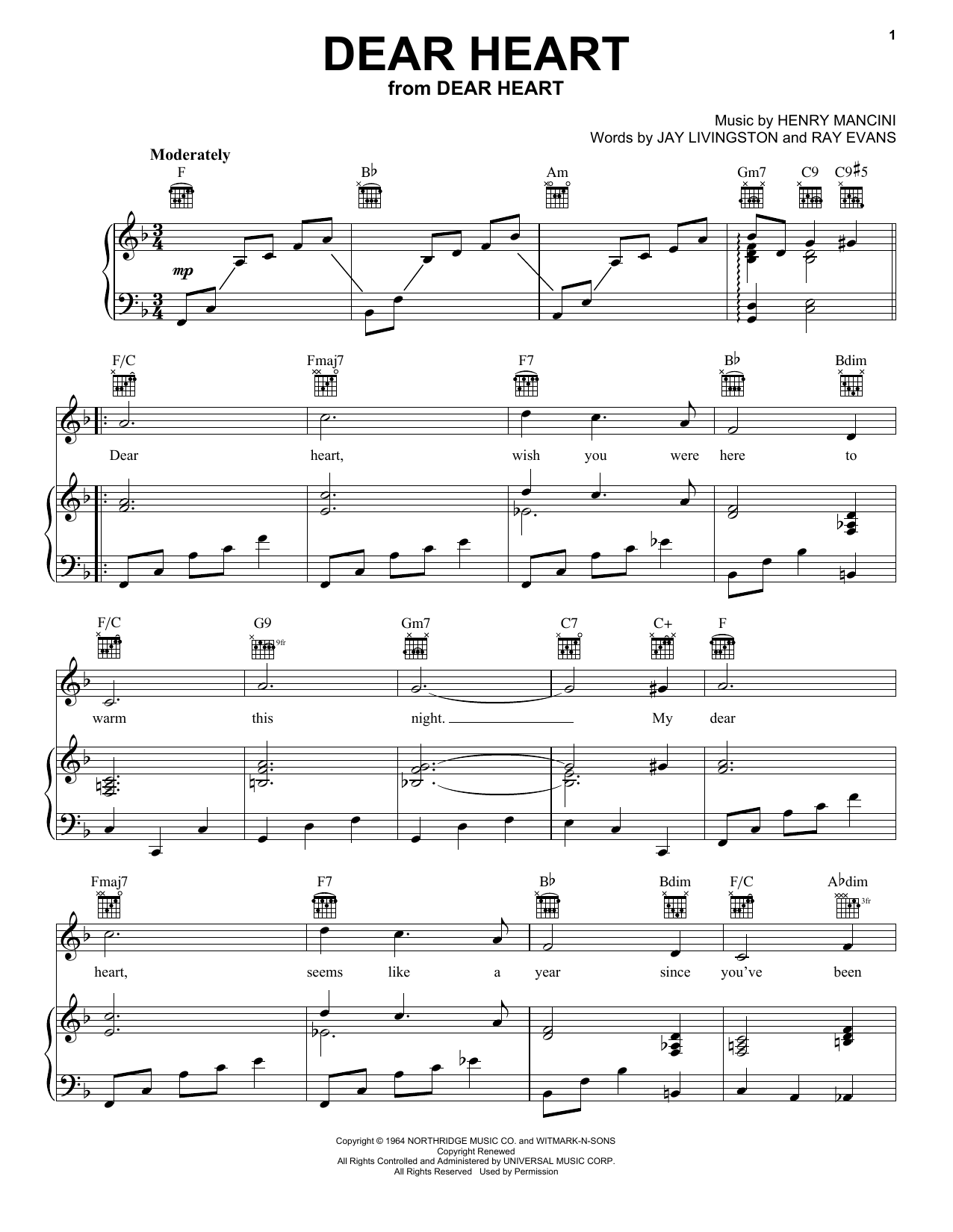 Henry Mancini Dear Heart sheet music notes and chords arranged for Piano, Vocal & Guitar Chords (Right-Hand Melody)
