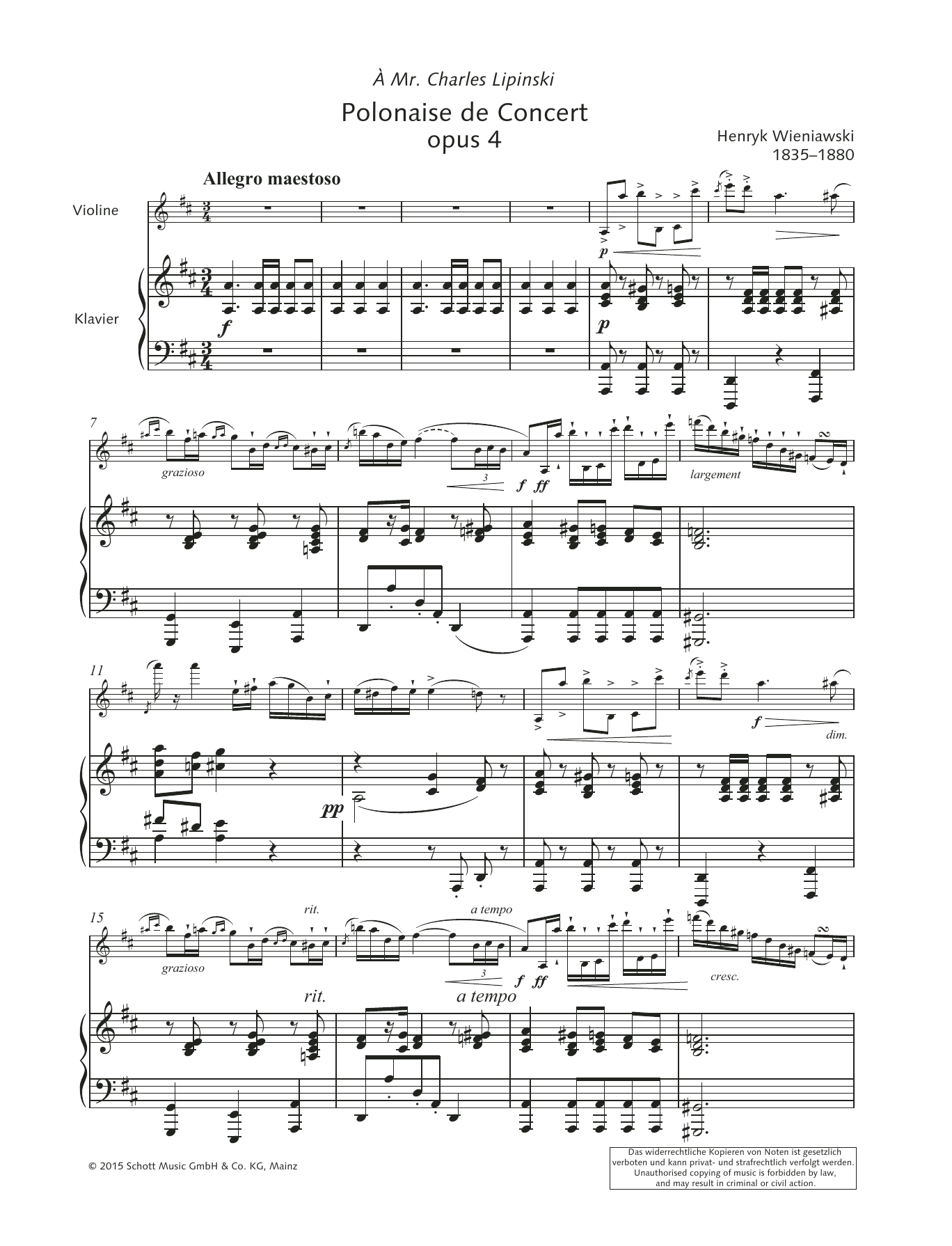 Henryk Wieniawski Polonaise de Concert sheet music notes and chords arranged for String Solo