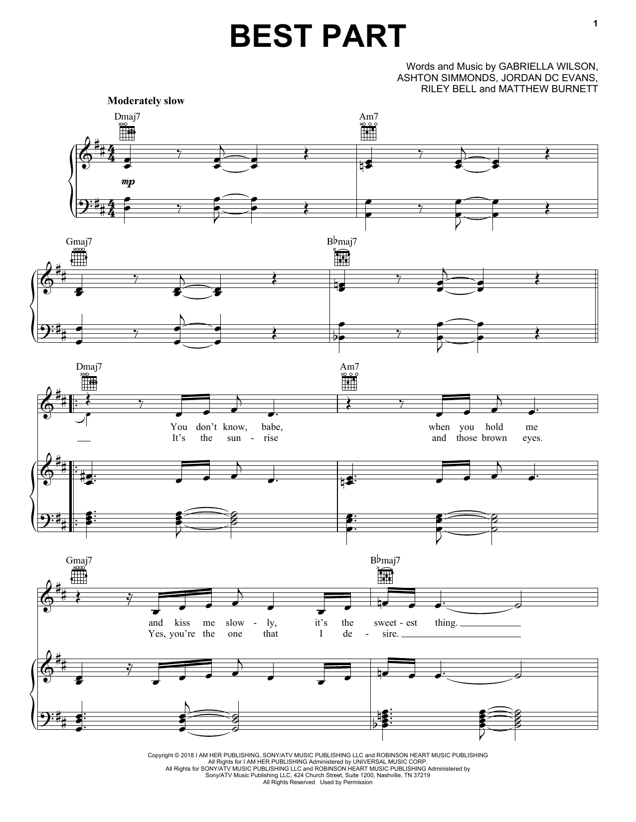 H.E.R. Best Part (feat. Daniel Caesar) sheet music notes and chords arranged for Piano, Vocal & Guitar Chords (Right-Hand Melody)