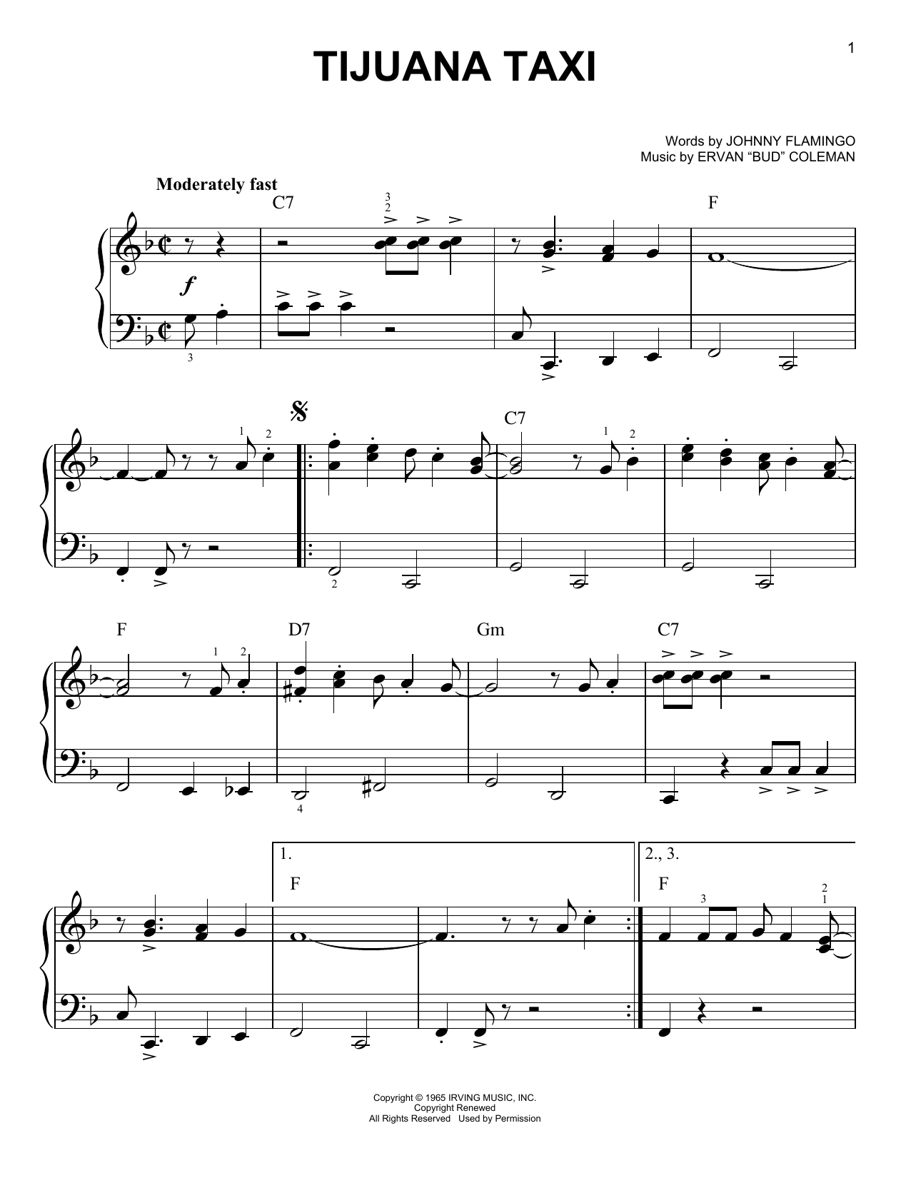 Herb Alpert & The Tijuana Brass Tijuana Taxi sheet music notes and chords arranged for Easy Piano