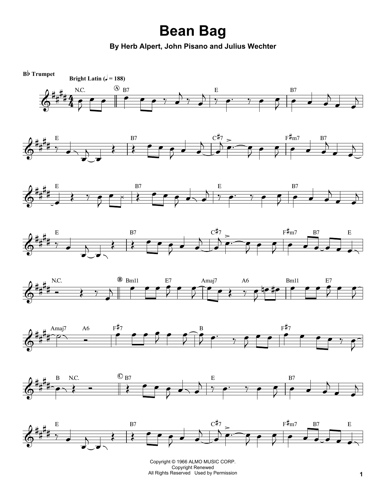 Herb Alpert Bean Bag sheet music notes and chords arranged for Trumpet Transcription