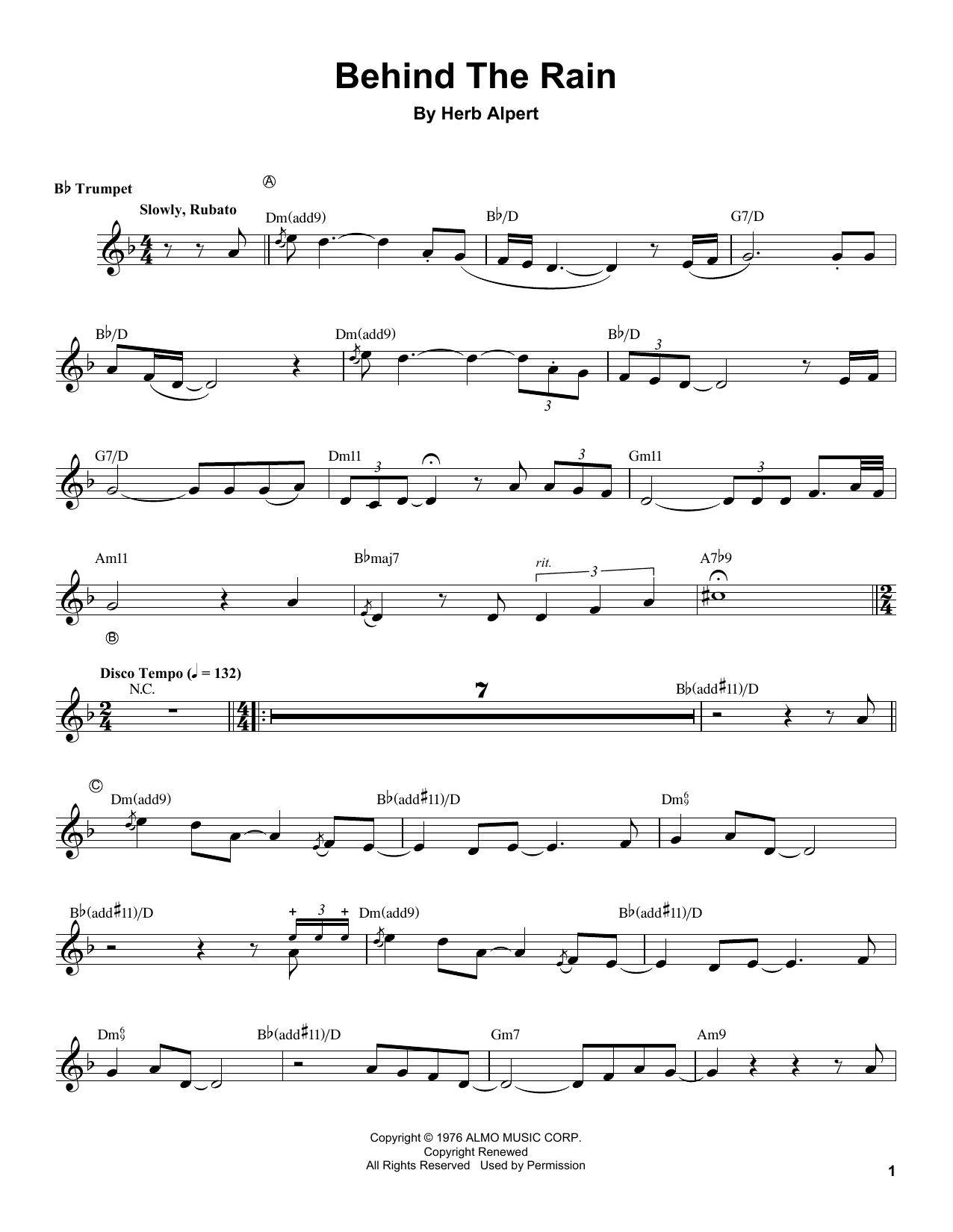 Herb Alpert Behind The Rain sheet music notes and chords arranged for Trumpet Transcription