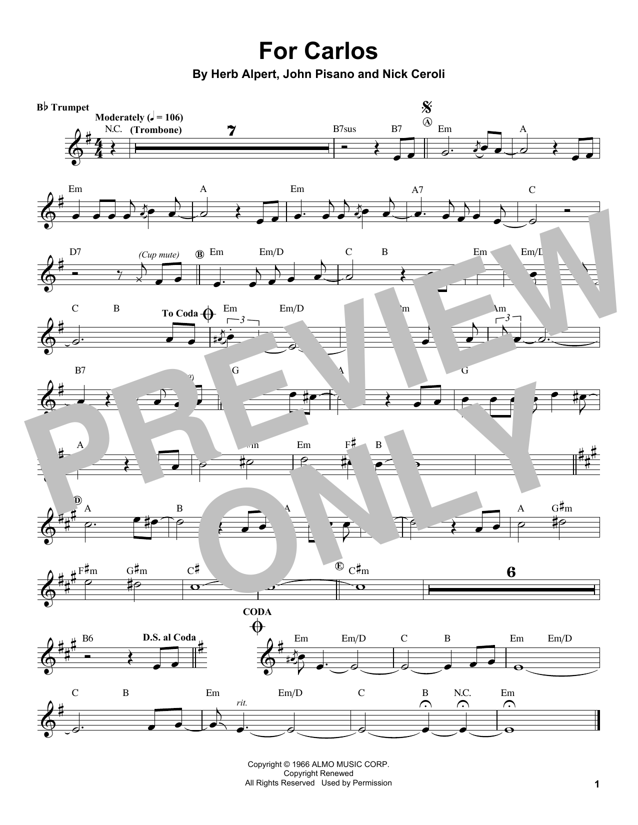 Herb Alpert For Carlos sheet music notes and chords arranged for Trumpet Transcription