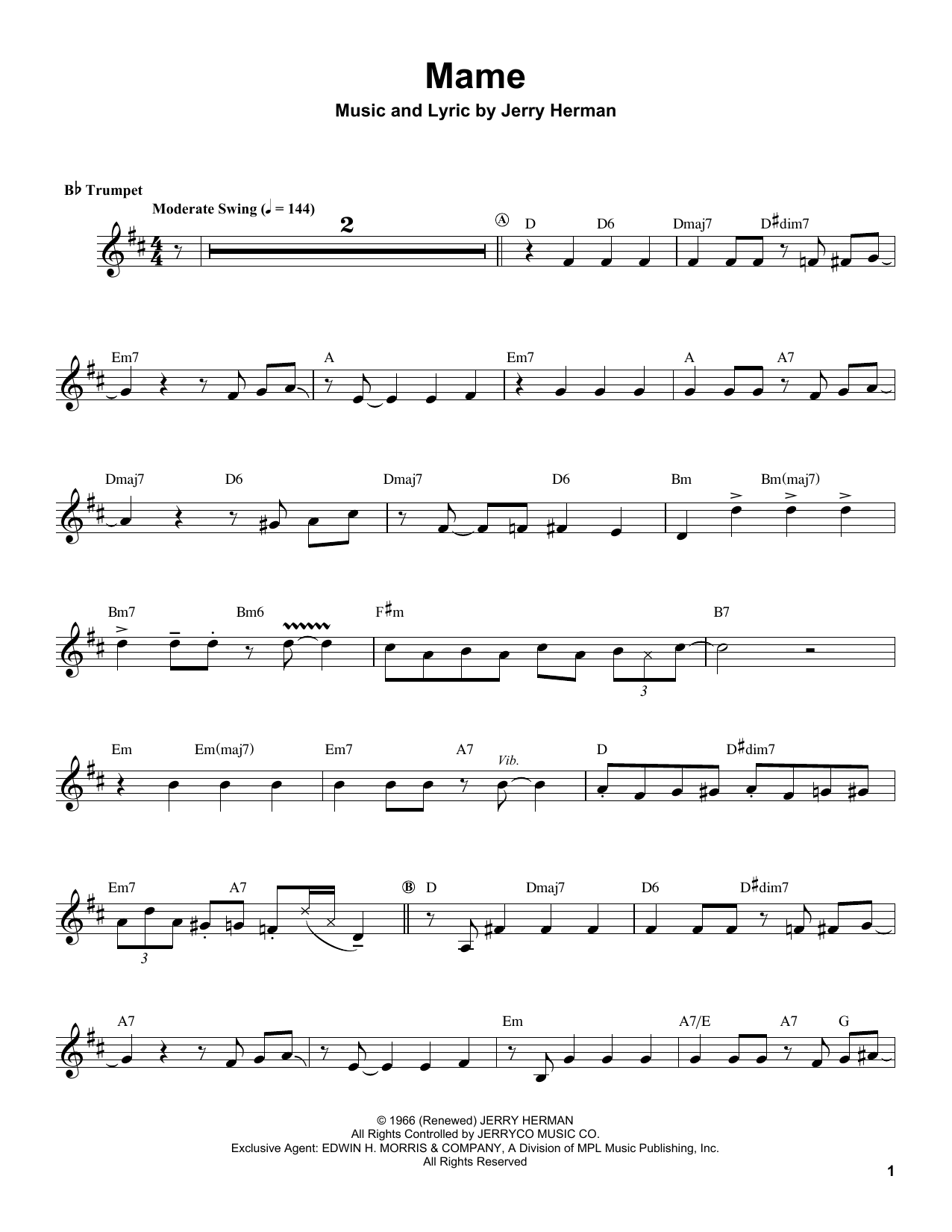 Herb Alpert Mame sheet music notes and chords arranged for Trumpet Transcription