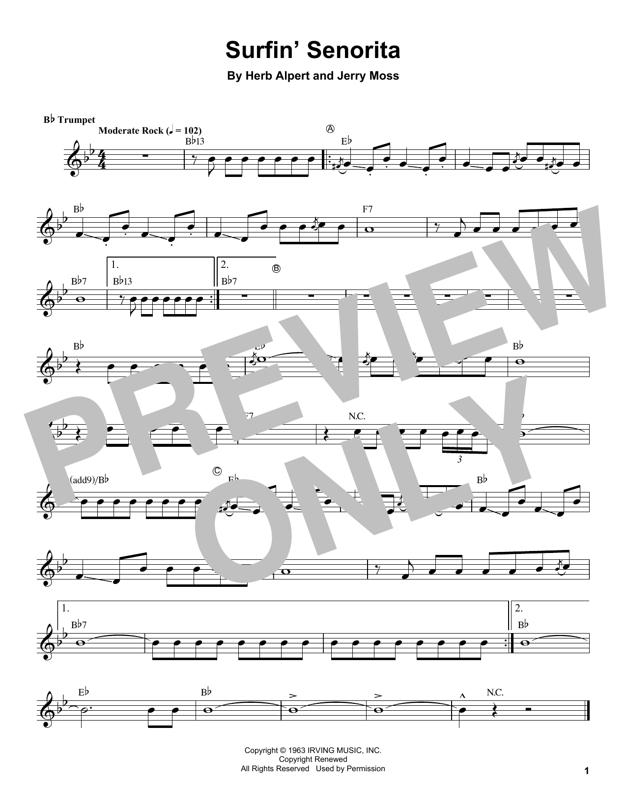 Herb Alpert Surfin' Señorita sheet music notes and chords arranged for Trumpet Transcription