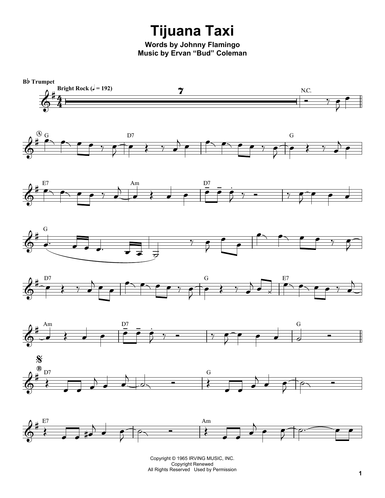 Herb Alpert Tijuana Taxi sheet music notes and chords arranged for Trumpet Transcription