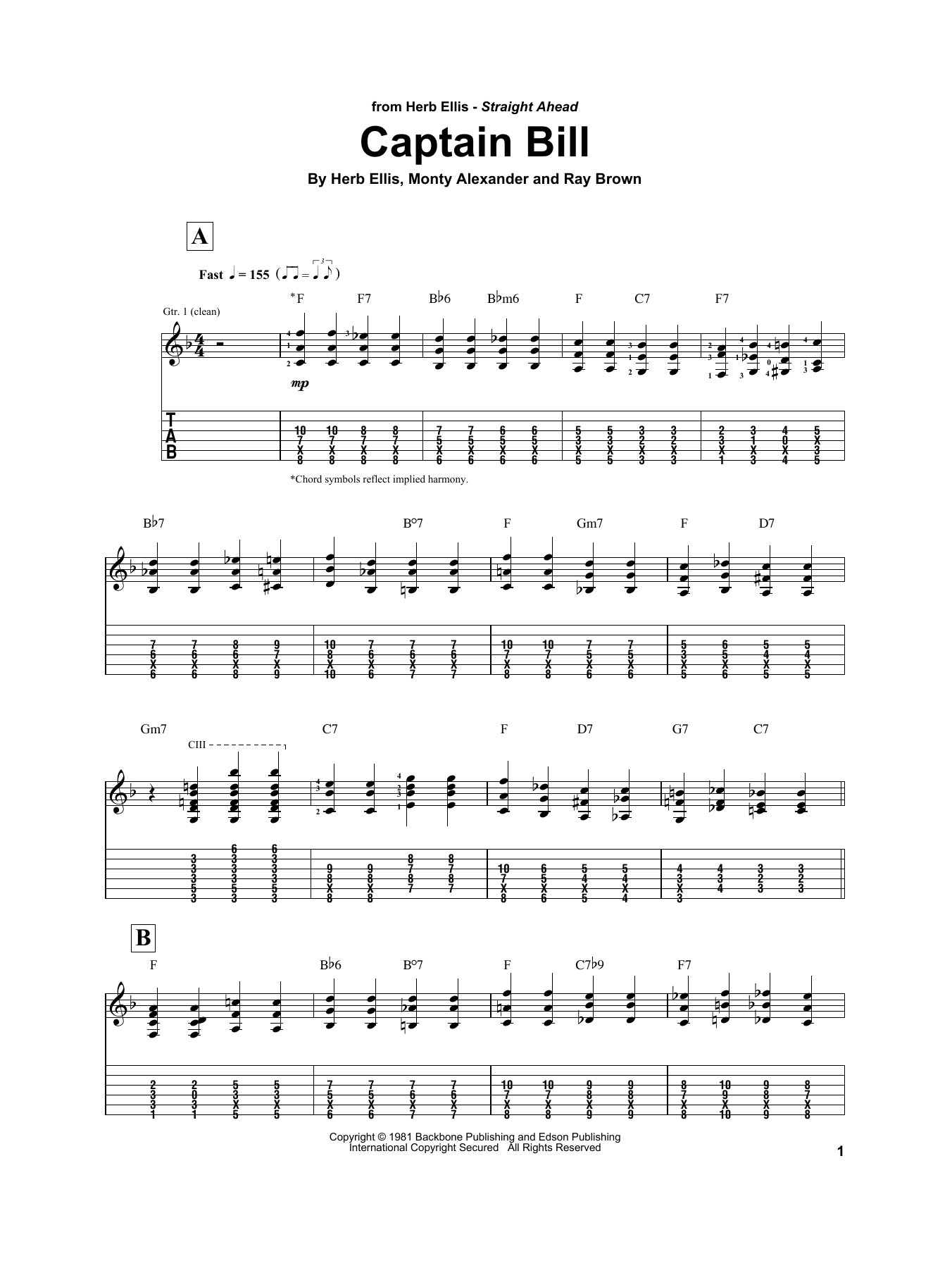 Herb Ellis Captain Bill sheet music notes and chords arranged for Electric Guitar Transcription